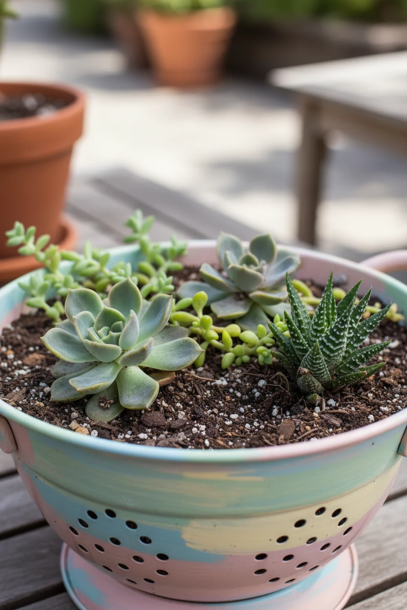 succulents planted in pastel-painted colander with soil texture