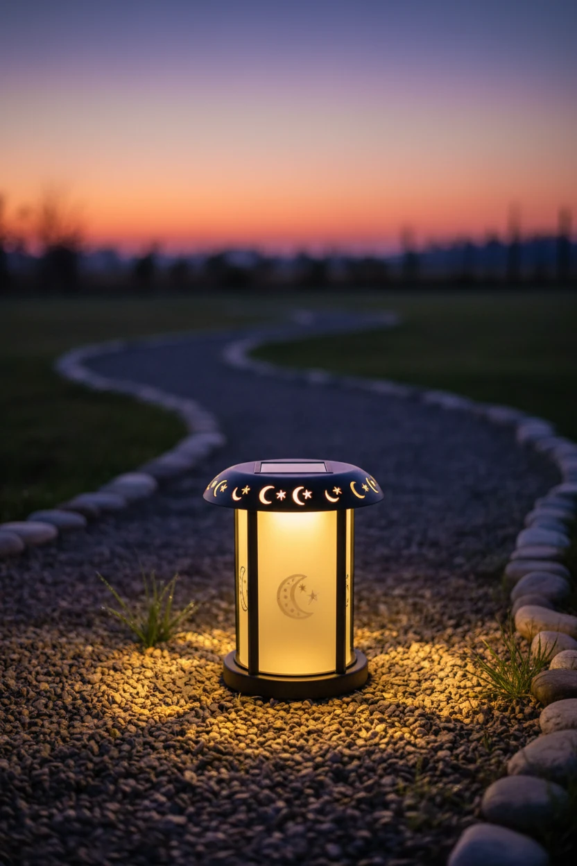 closeup of solar-powered lantern on curved gravel pathway at dusk