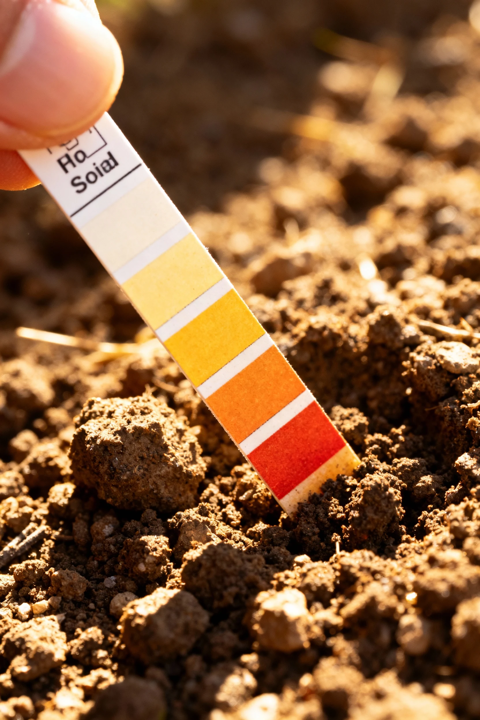 closeup soil pH test comparing color strip in sunlight
