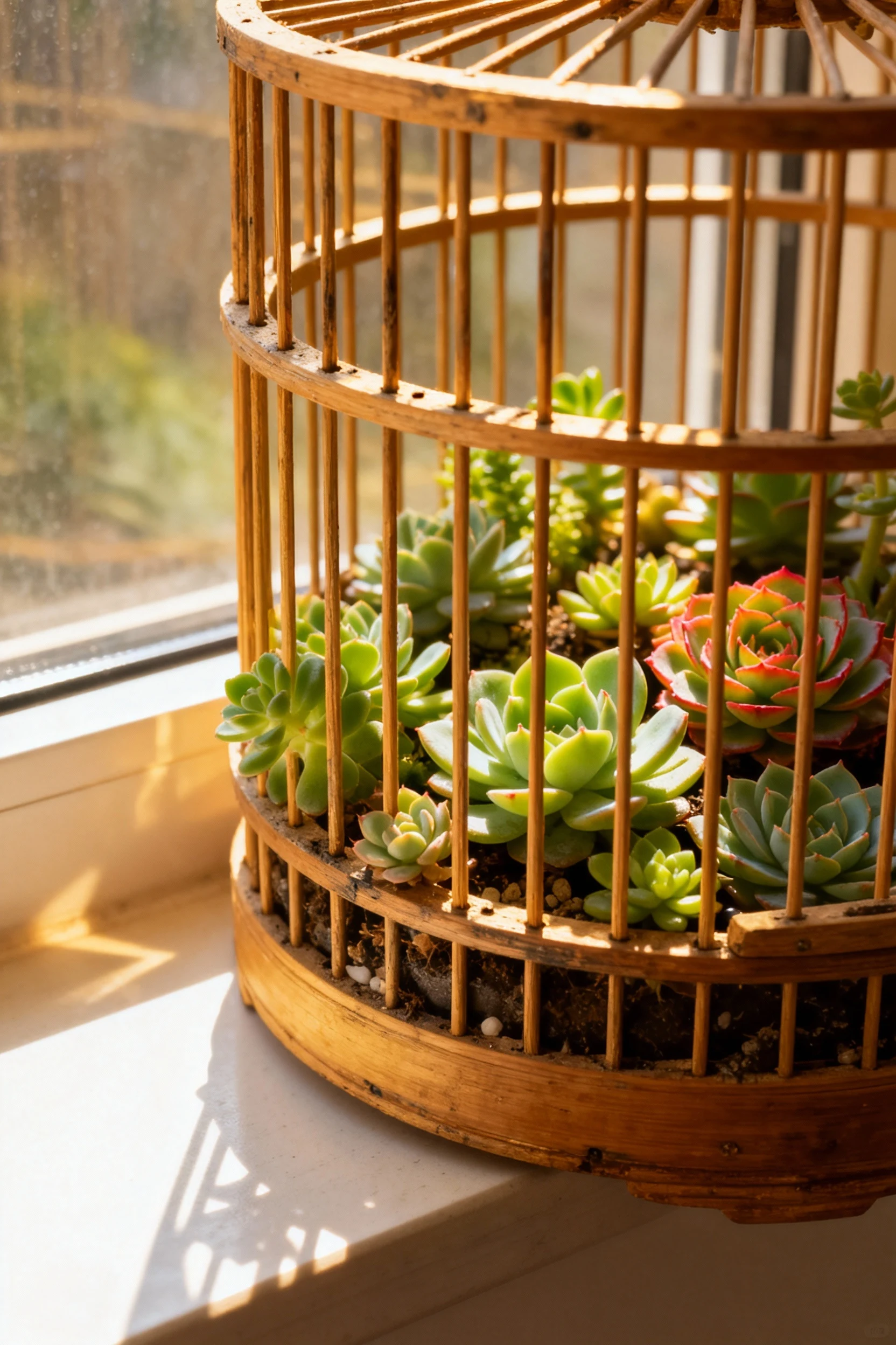 wooden bird cage filled with succulents on sunny windowsill
