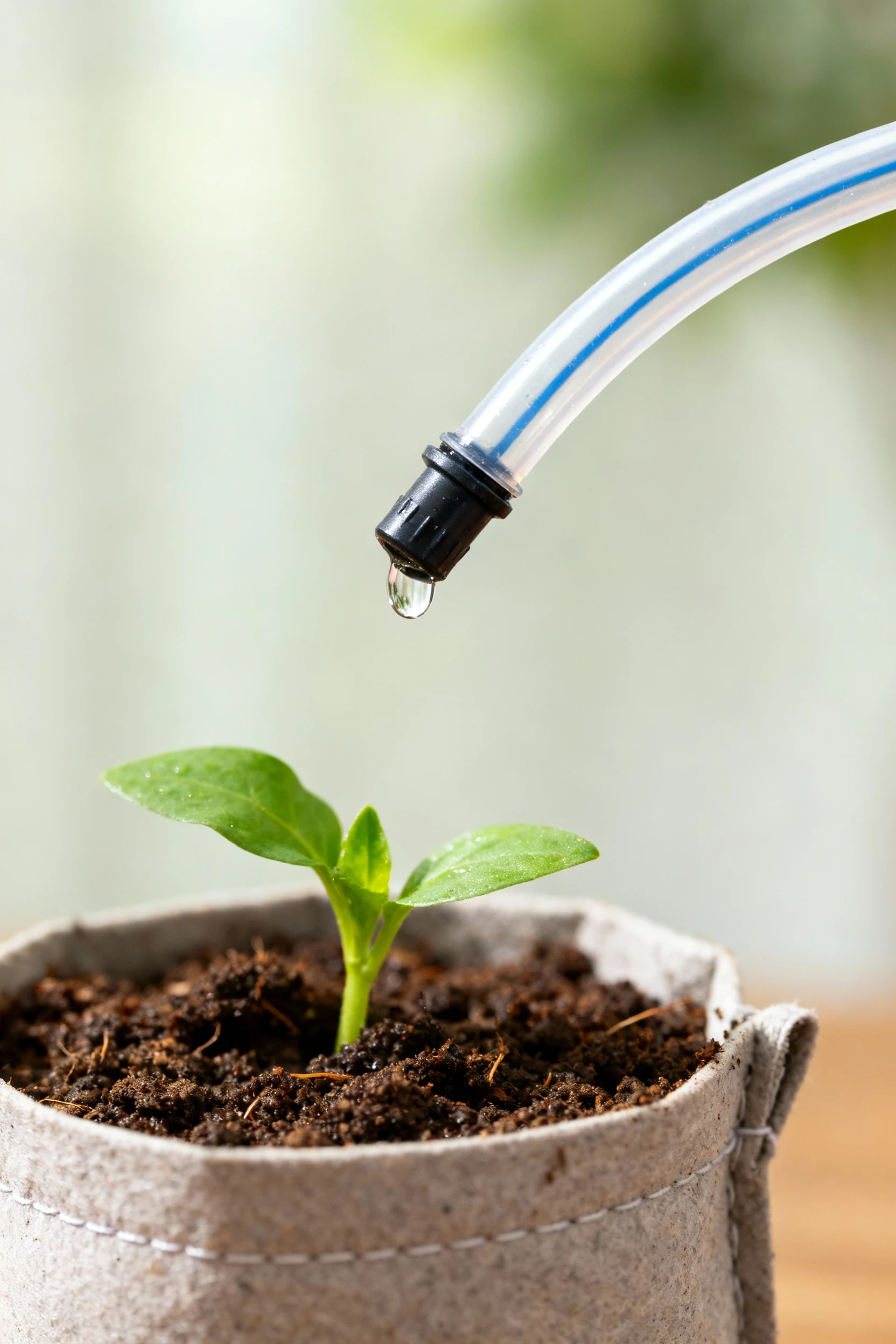 Closeup 1/4-inch tubing micro-emitter dripping onto pocket planter