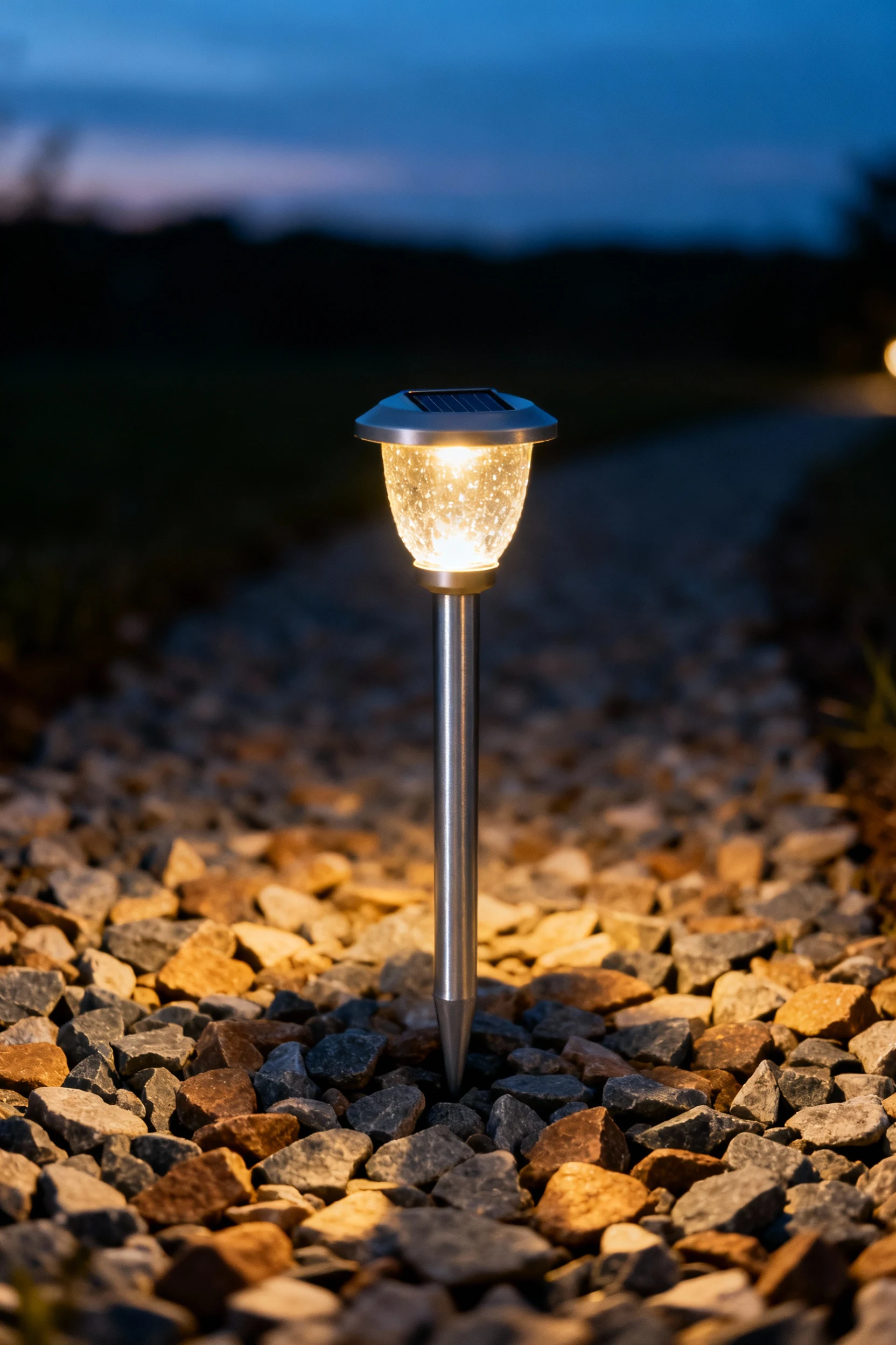 evening closeup of solar stake light illuminating gravel path