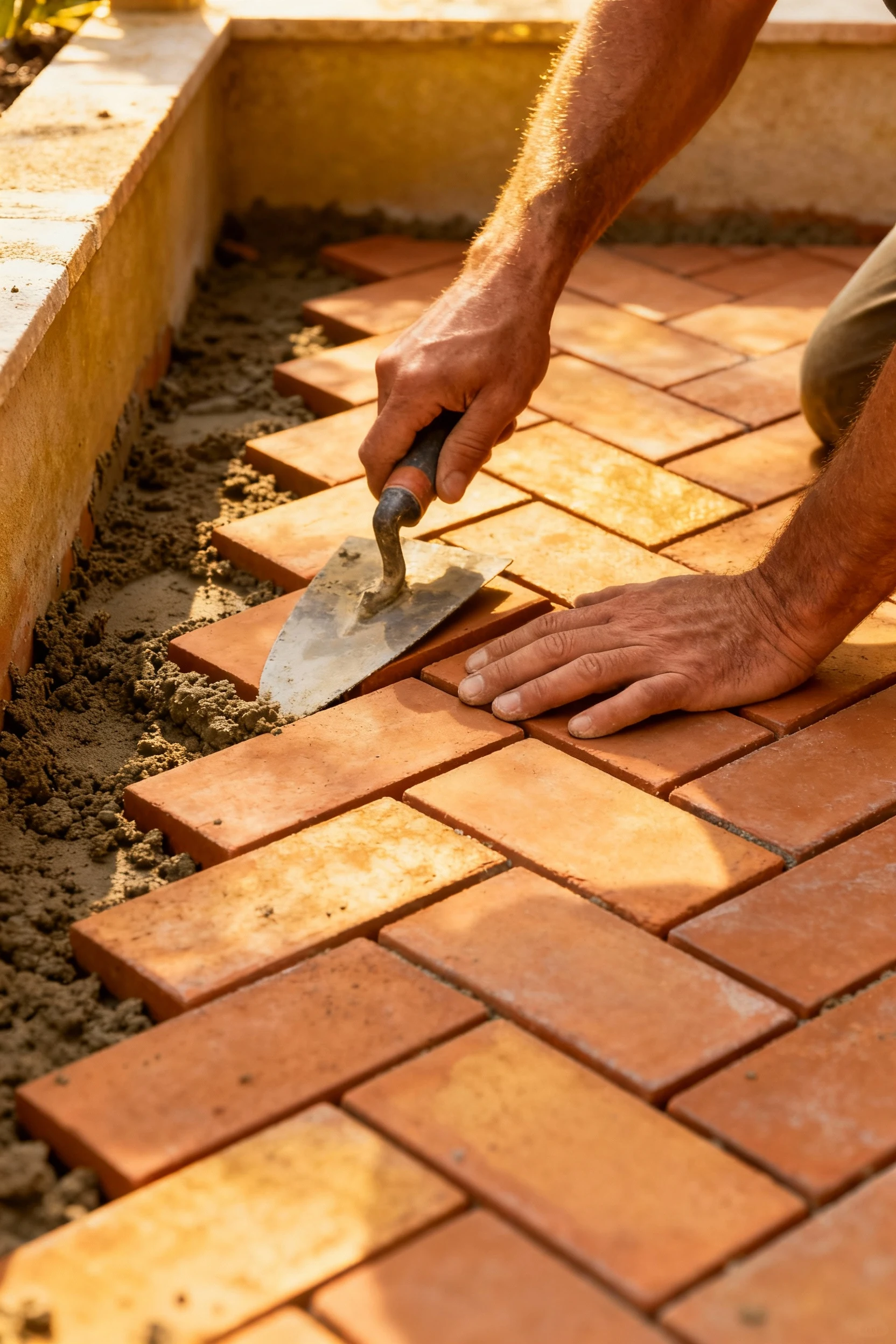 hands laying terracotta herringbone tiles on small patio