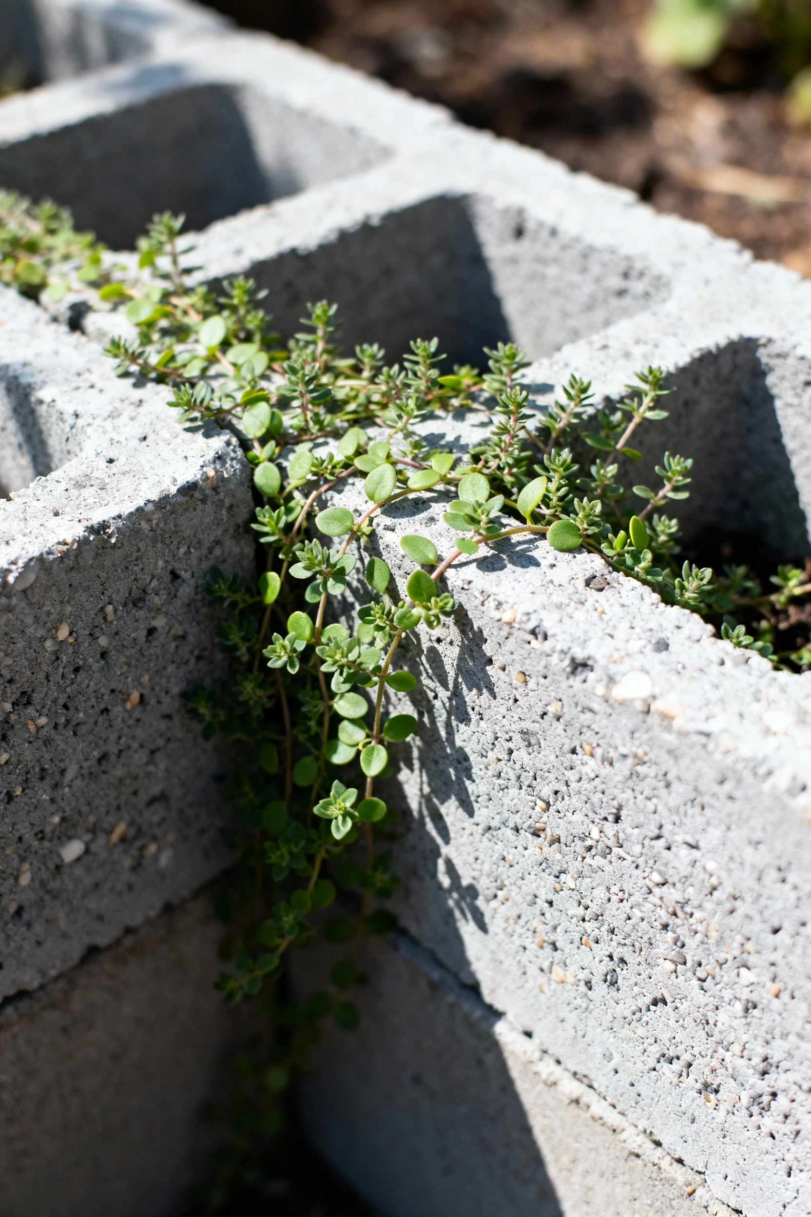 closeup cinder block herb bed corner, creeping thyme, gray concrete