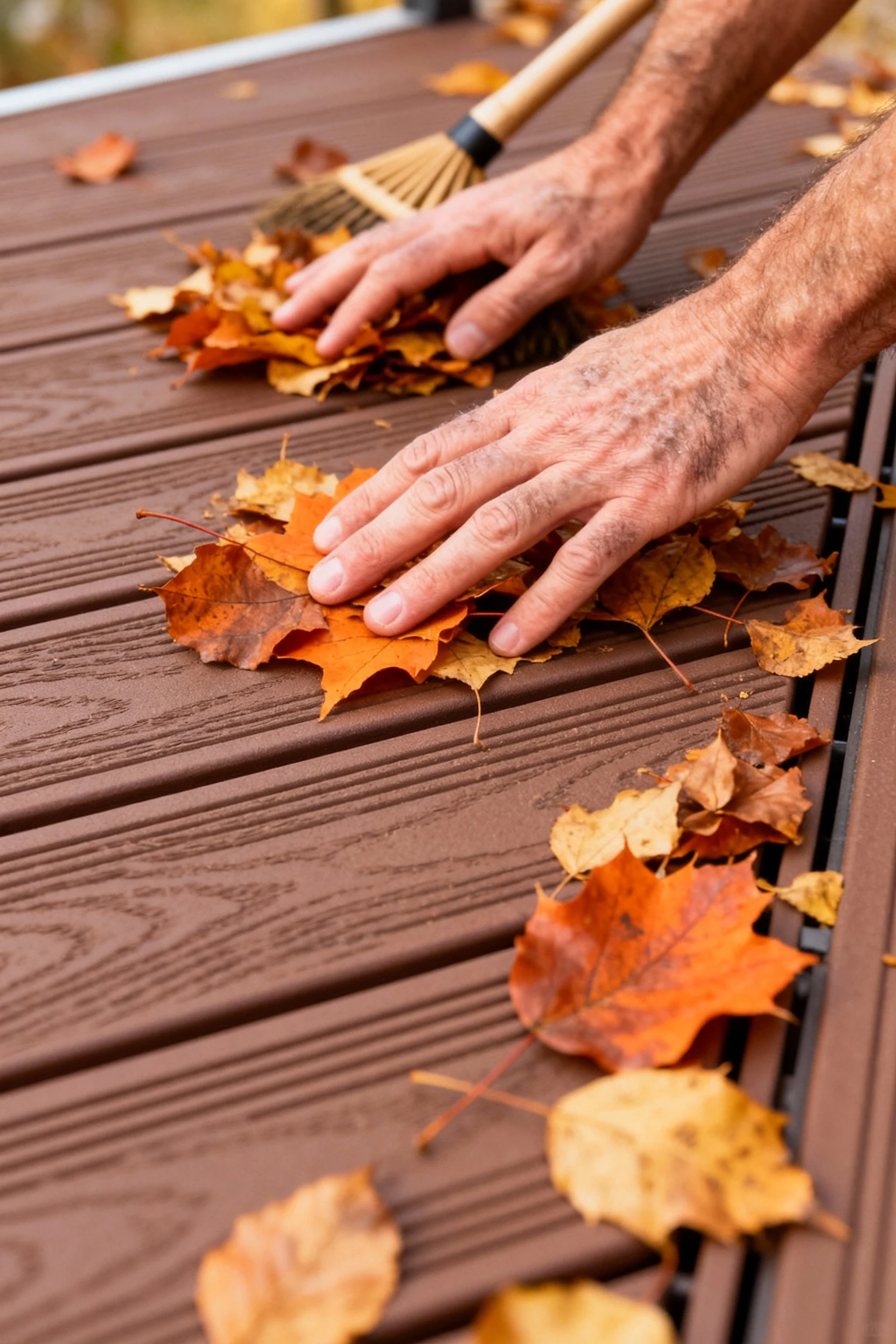 hands sweeping fallen leaves off brown composite decking surface