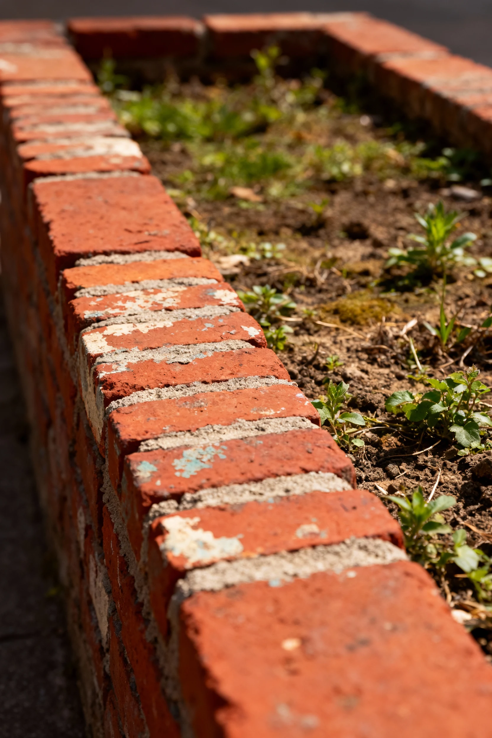 row of worn red bricks edging narrow flower bed
