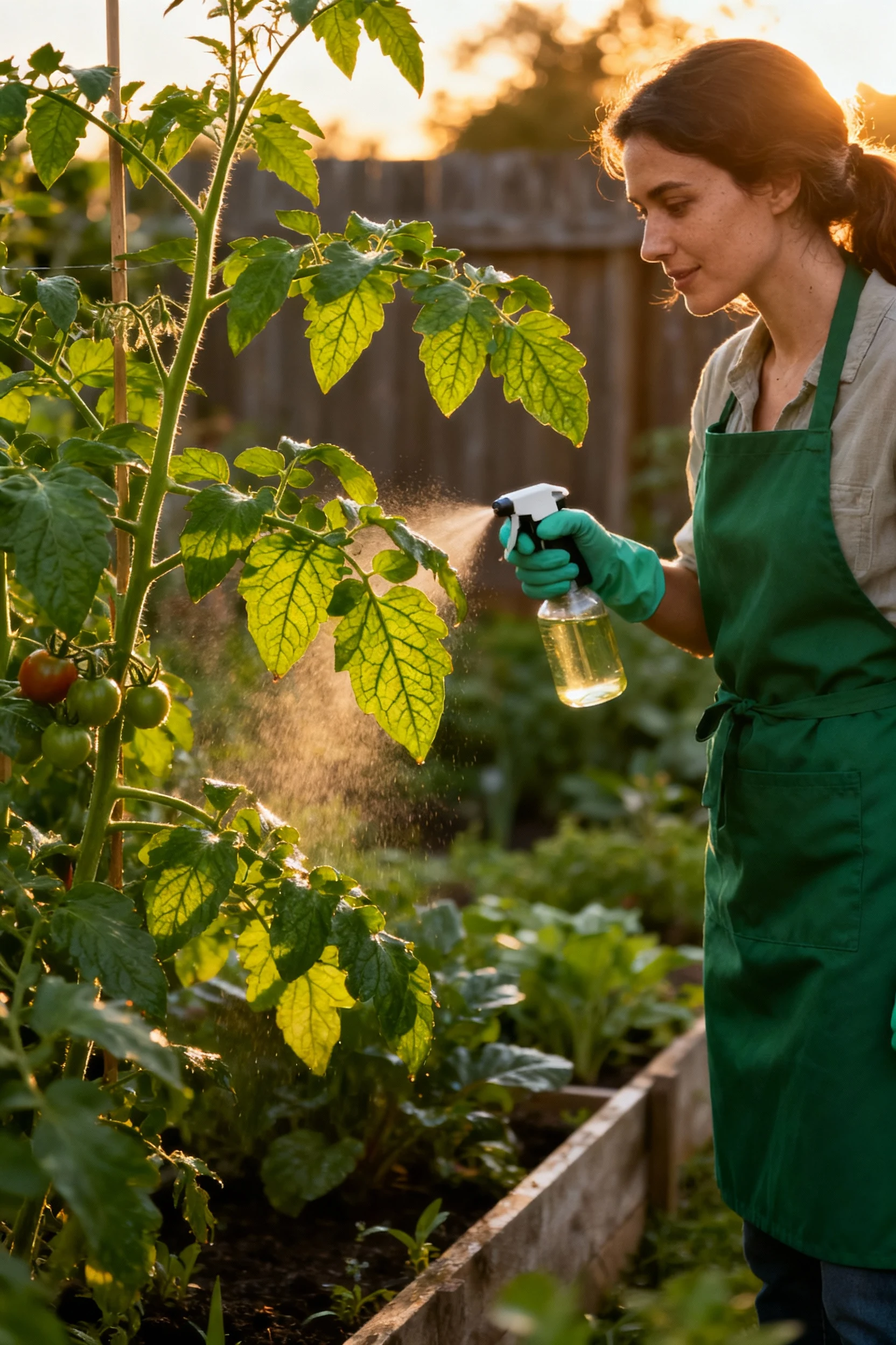 female gardener spraying neem under tomato leaves, evening light