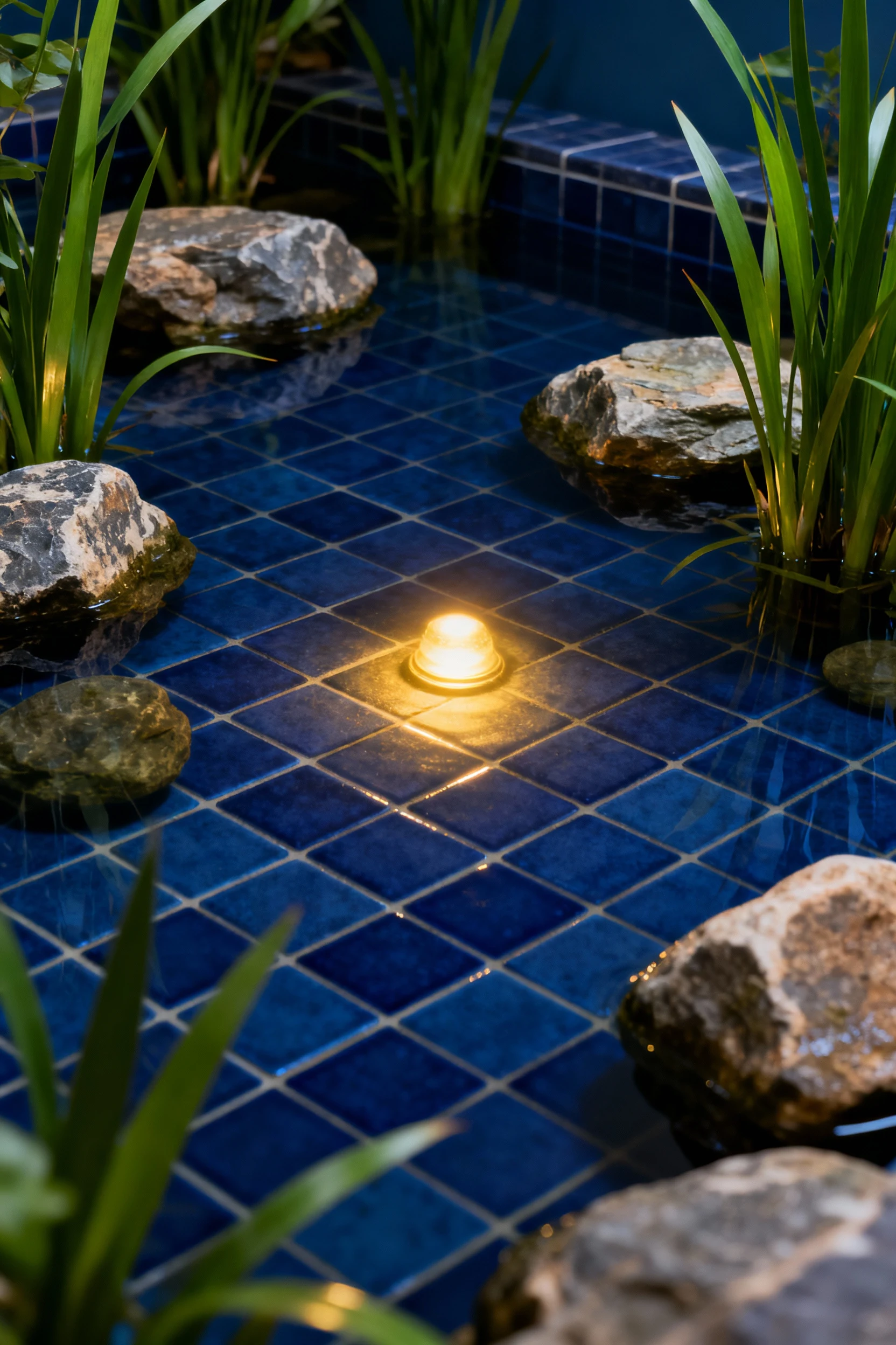 closeup faux pond, dark blue tile, rocks, tall plants, spotlight