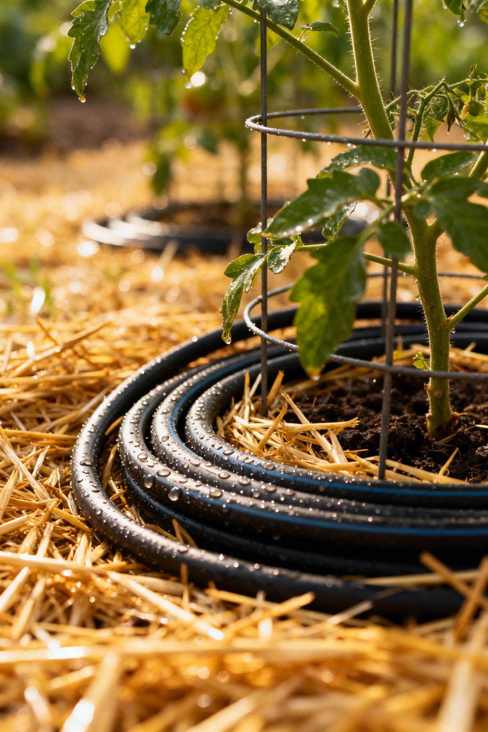 closeup soaker hose watering tomatoes in cage on straw mulch