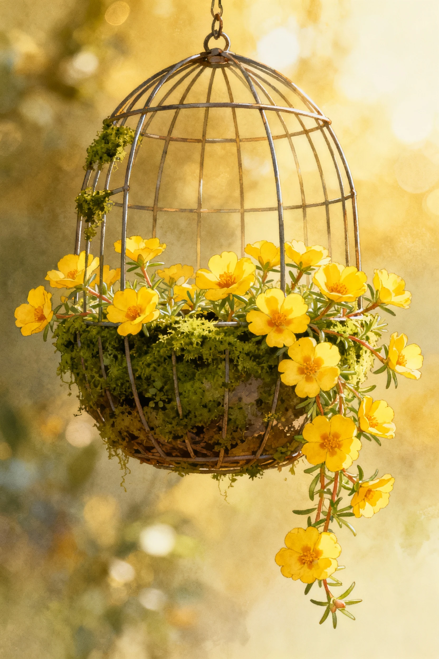 medium wire-frame hanging basket with moss lining and cascading yellow portulaca flowers