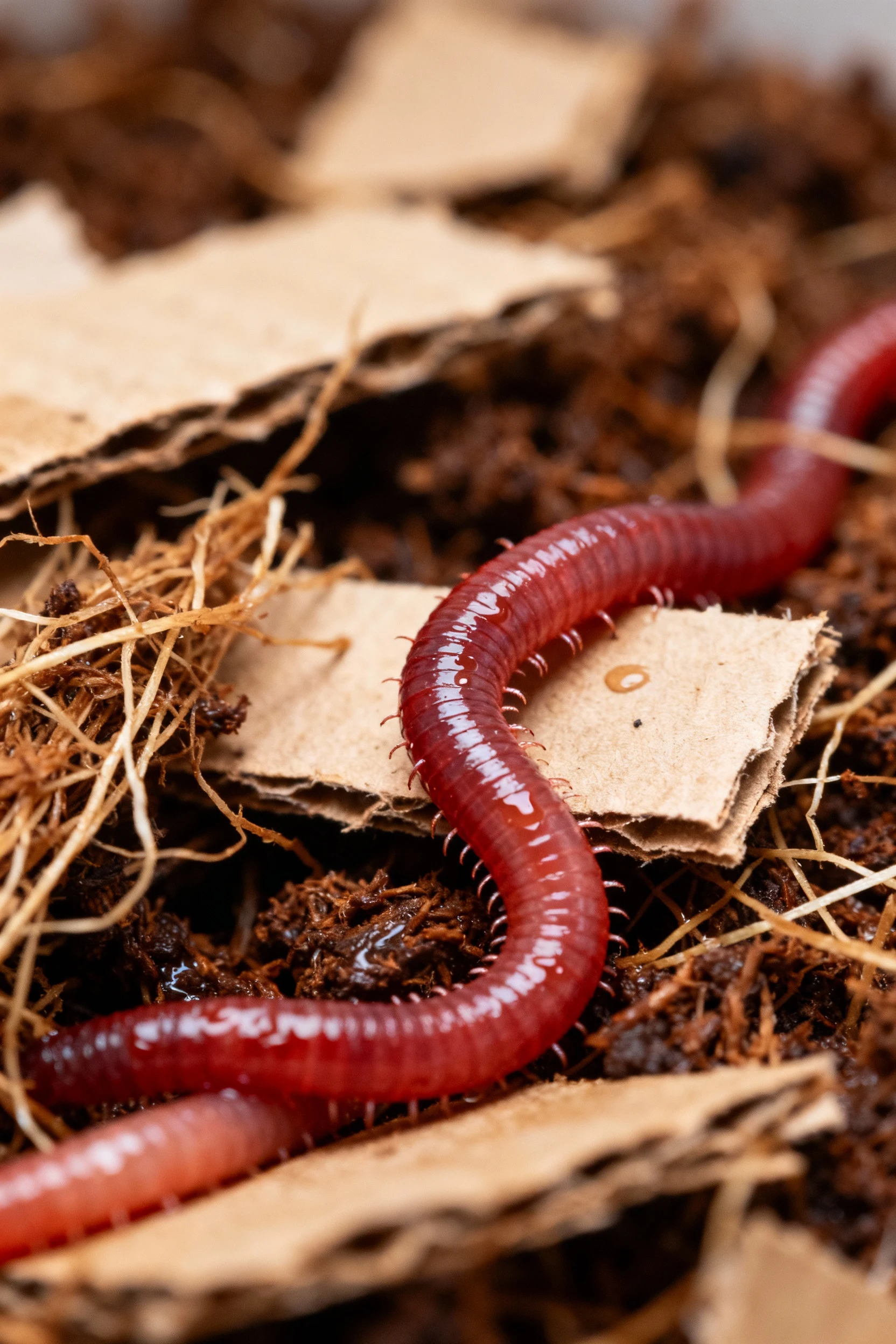 closeup red wigglers on moist shredded cardboard and coir