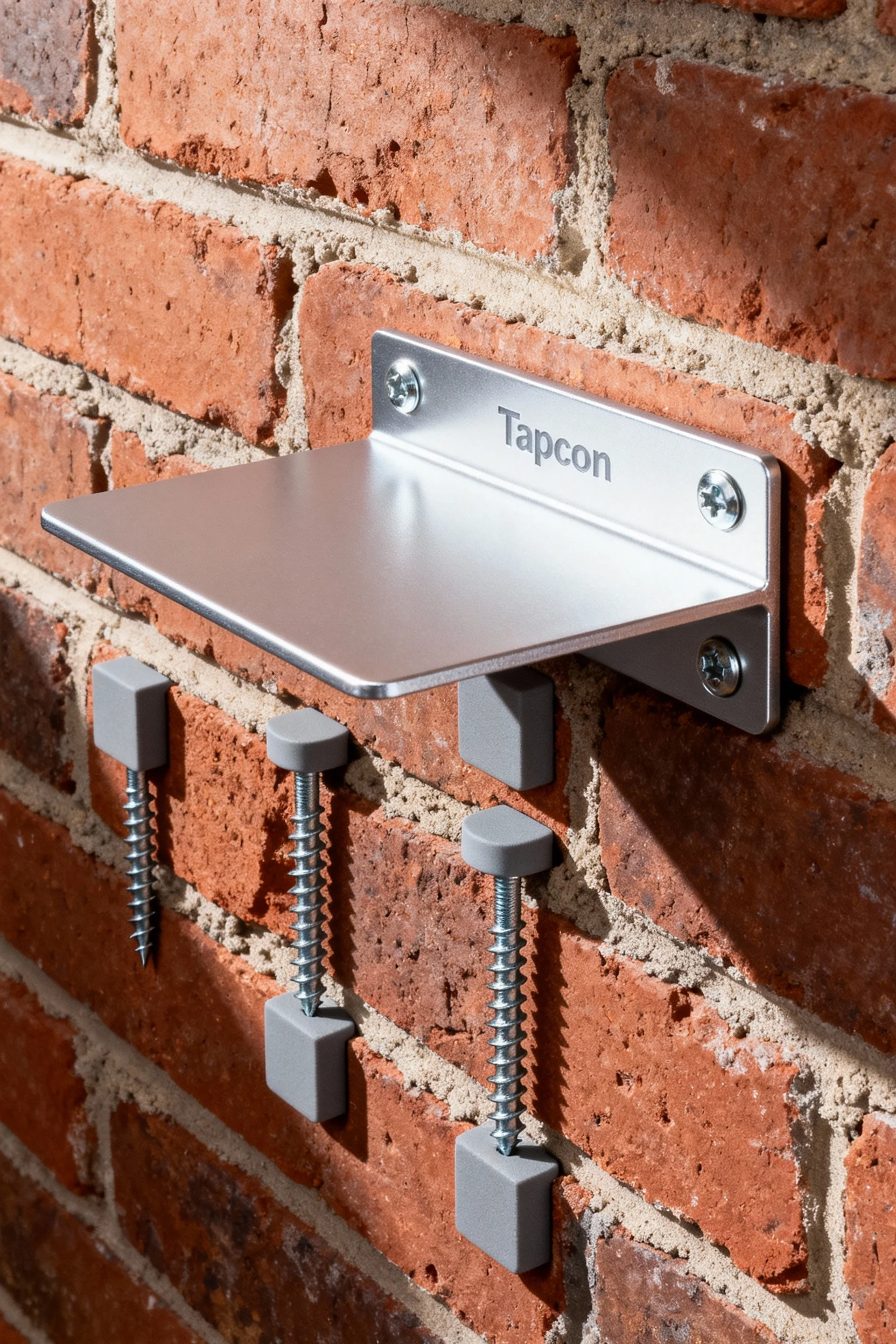 closeup flush-mount bracket, tapcon screws in brick wall, spacer