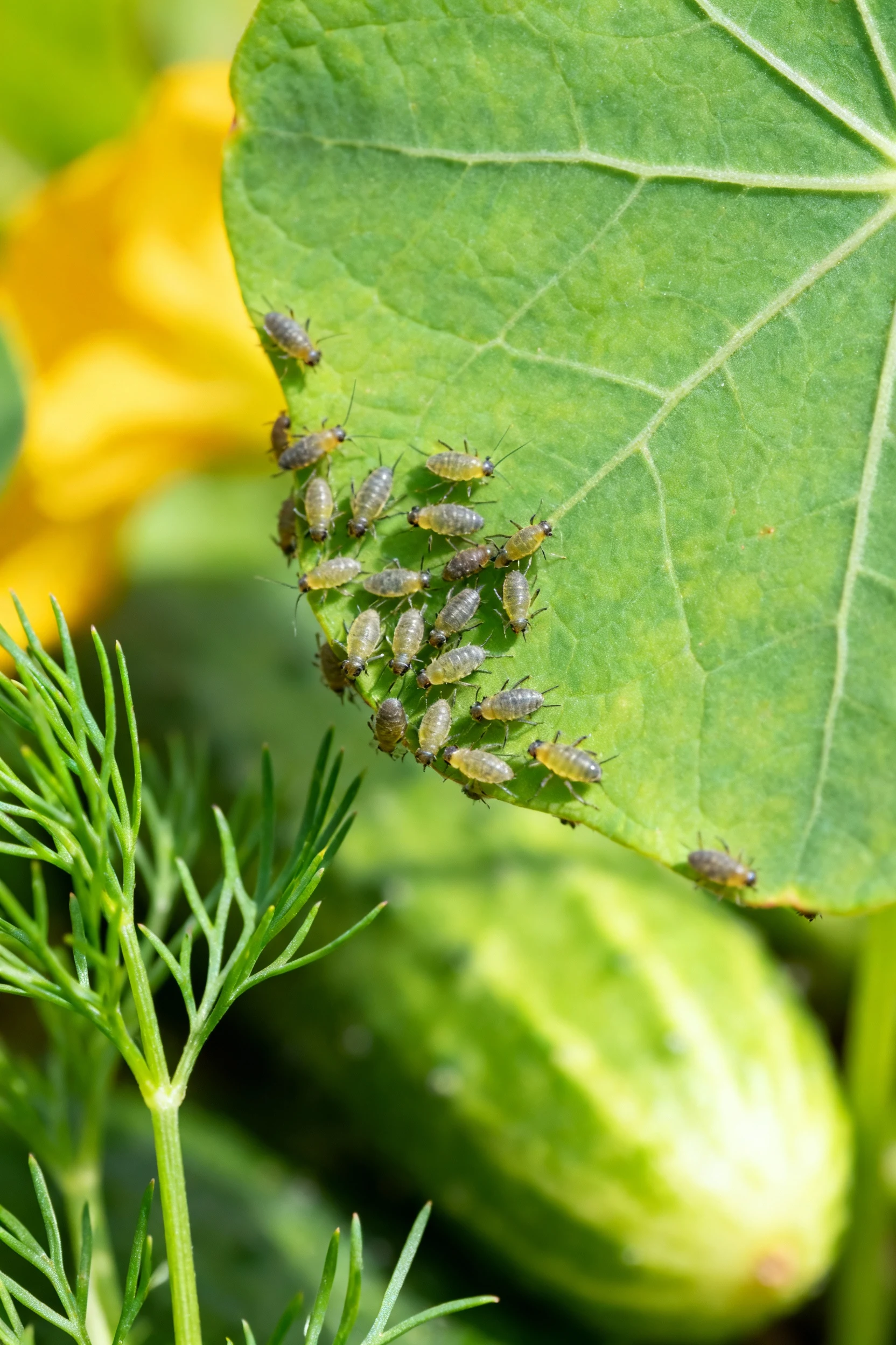 macro aphids on nasturtium leaf beside cucumbers, dill