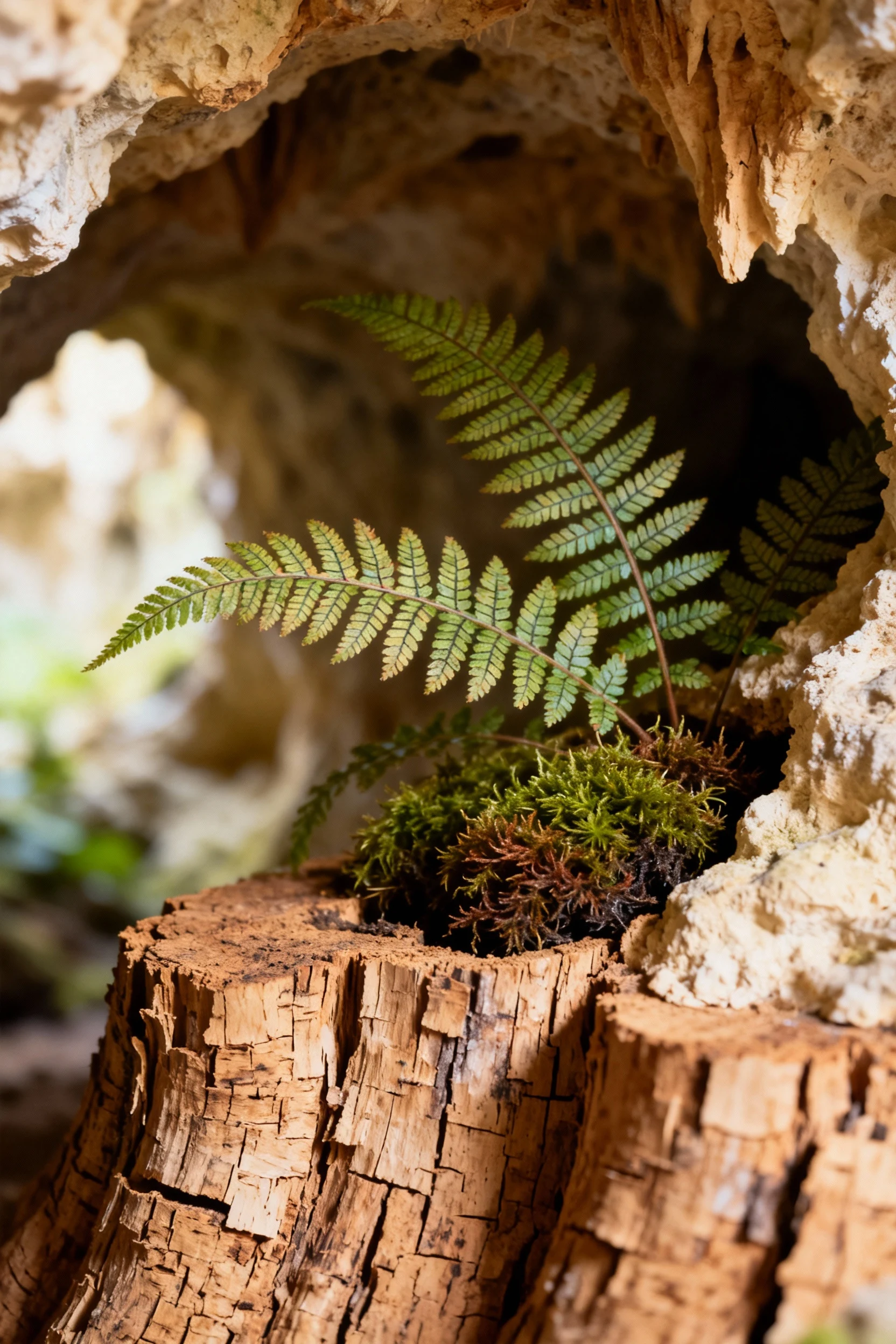 Closeup cork cave with fern fronds and tucked sphagnum