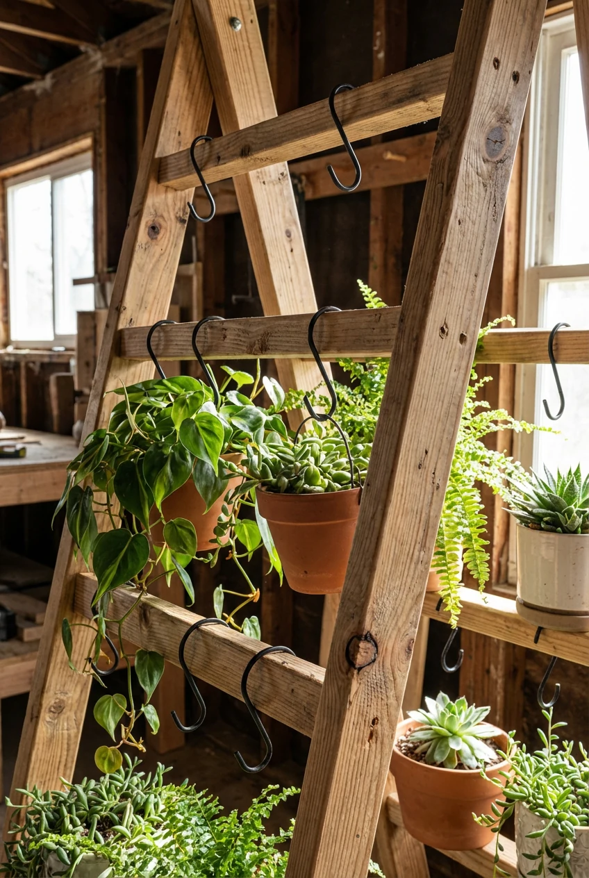 closeup folding ladder shelves, pine boards, S-hooks holding planters