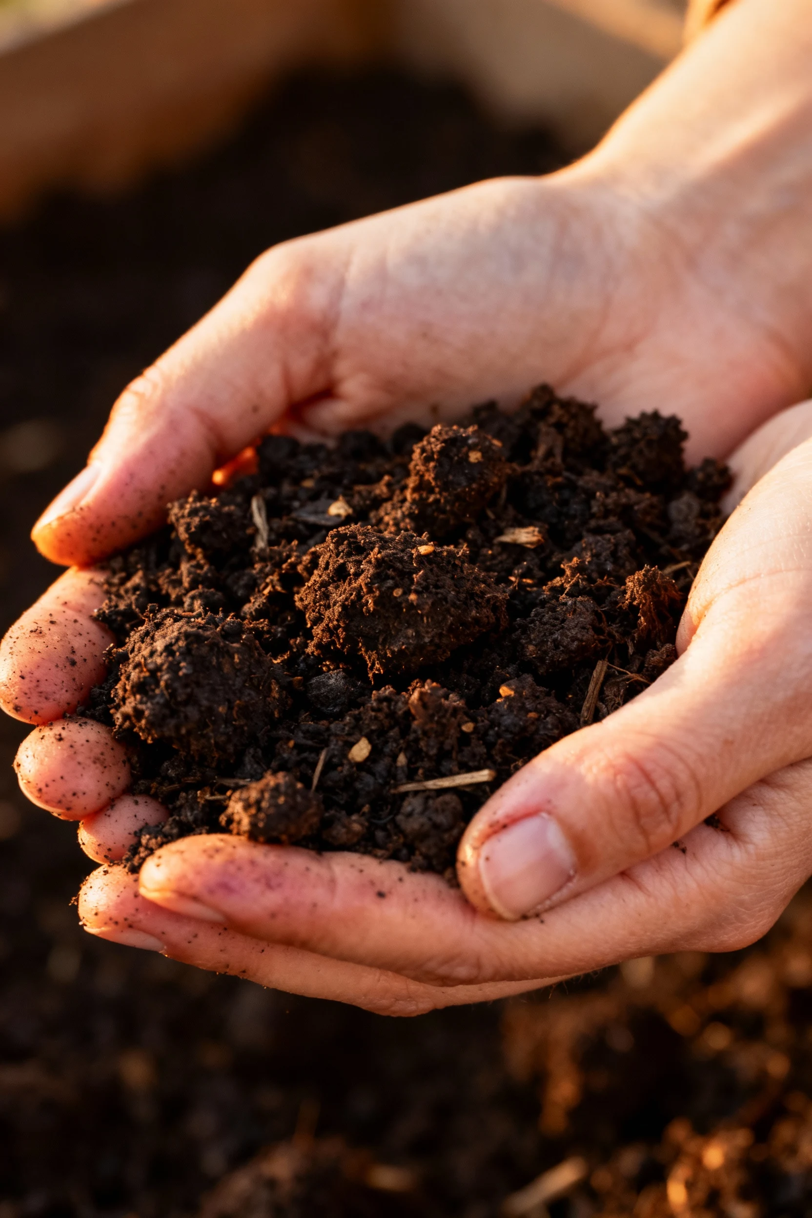 closeup female hands holding dark crumbly compost texture