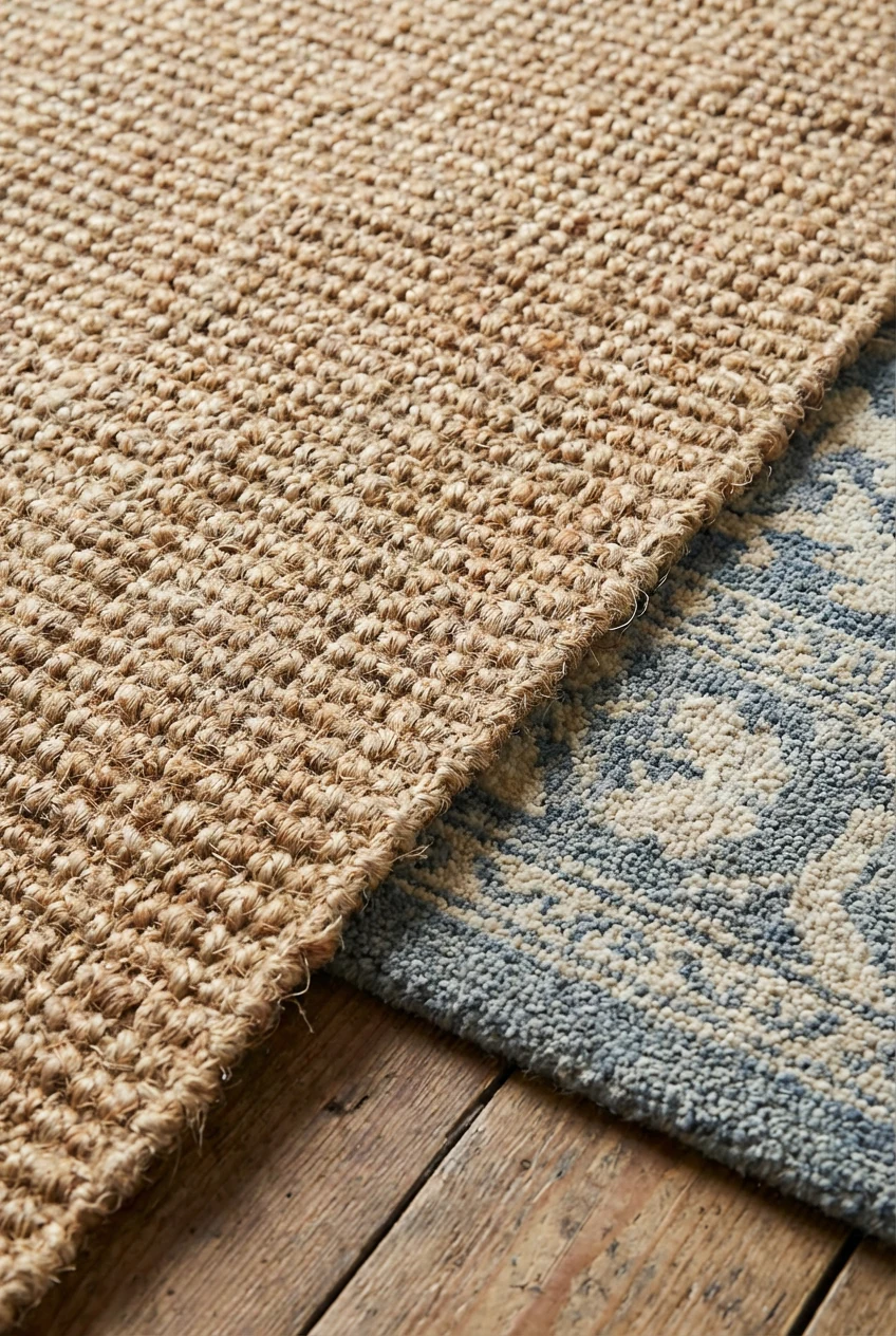 closeup jute rug layered over small wool rug
