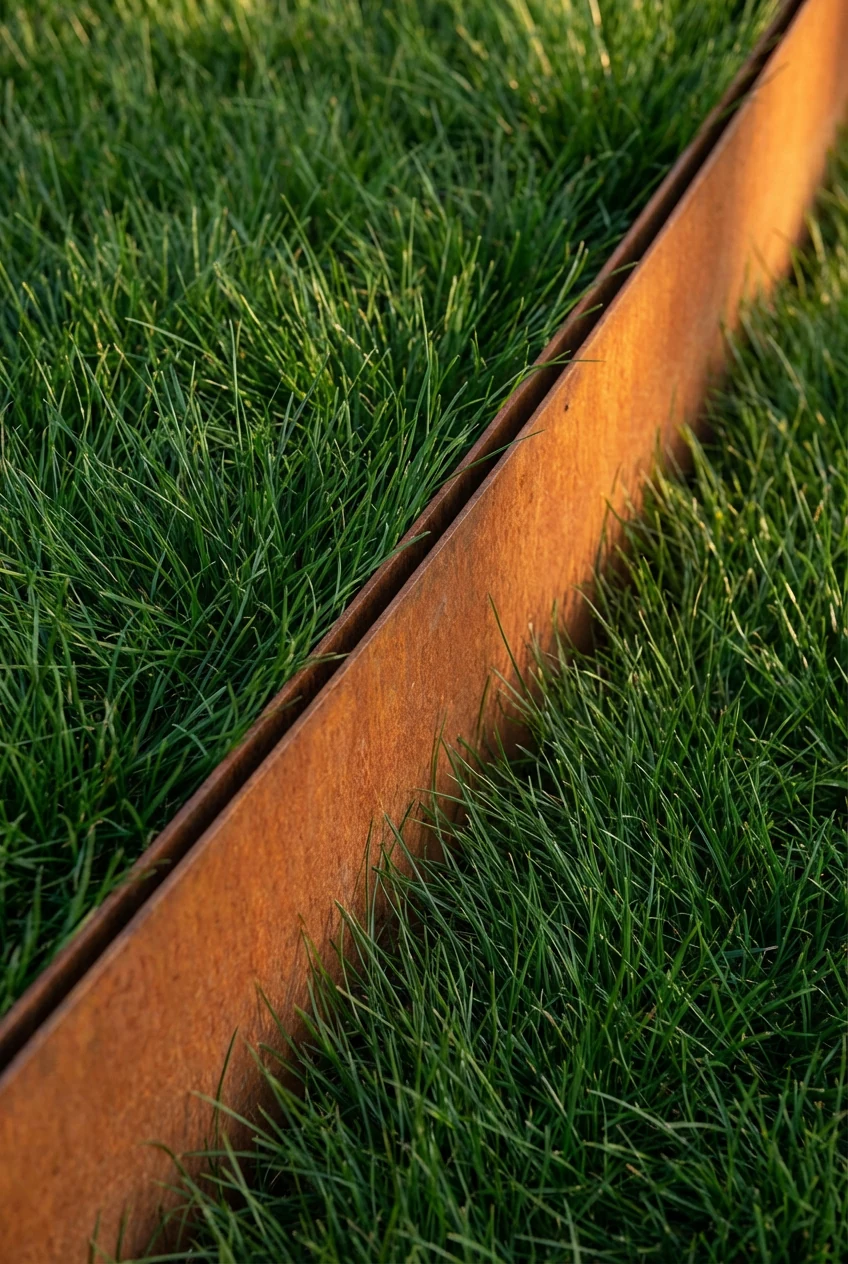 Warm corten steel edge, 1/2-inch reveal beside fescue lawn