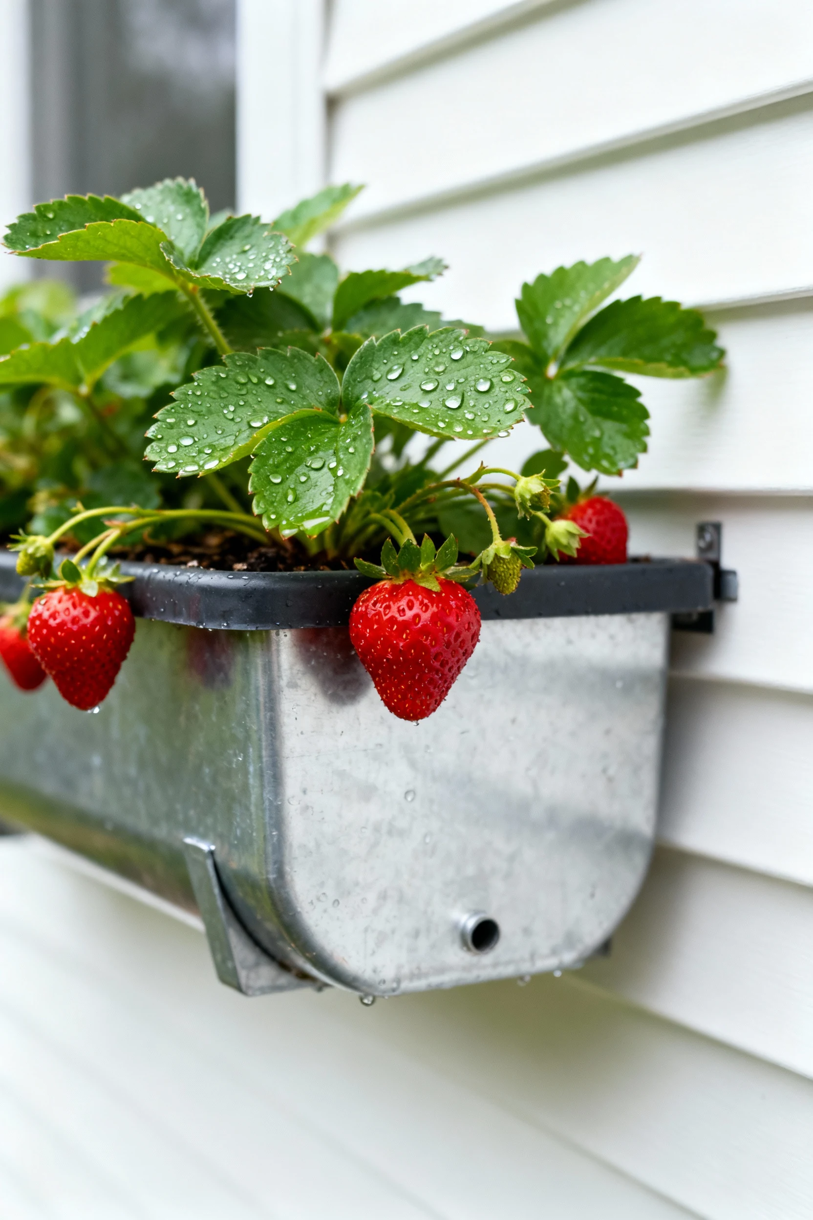closeup aluminum gutter planter with strawberries, dew, white siding