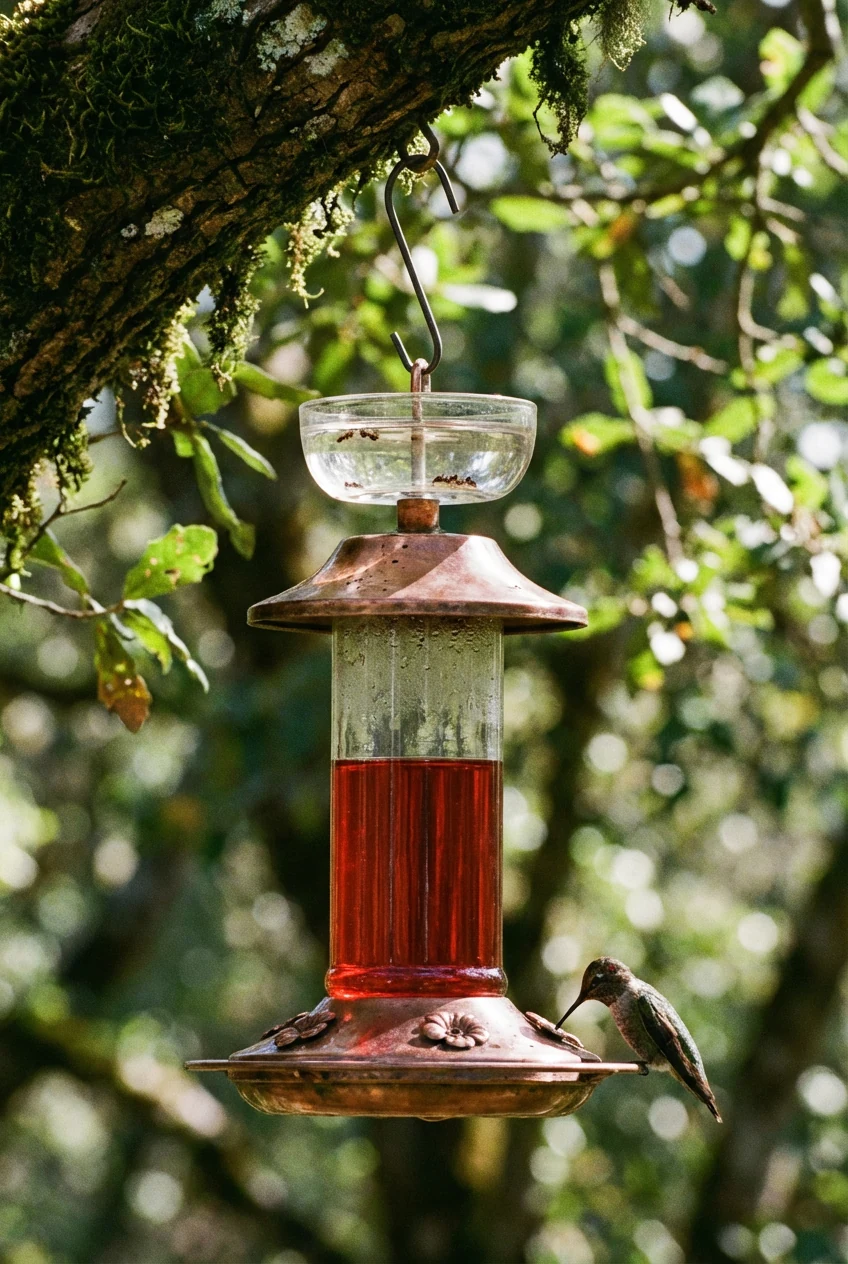 closeup hummingbird feeder with ant moat in dappled shade