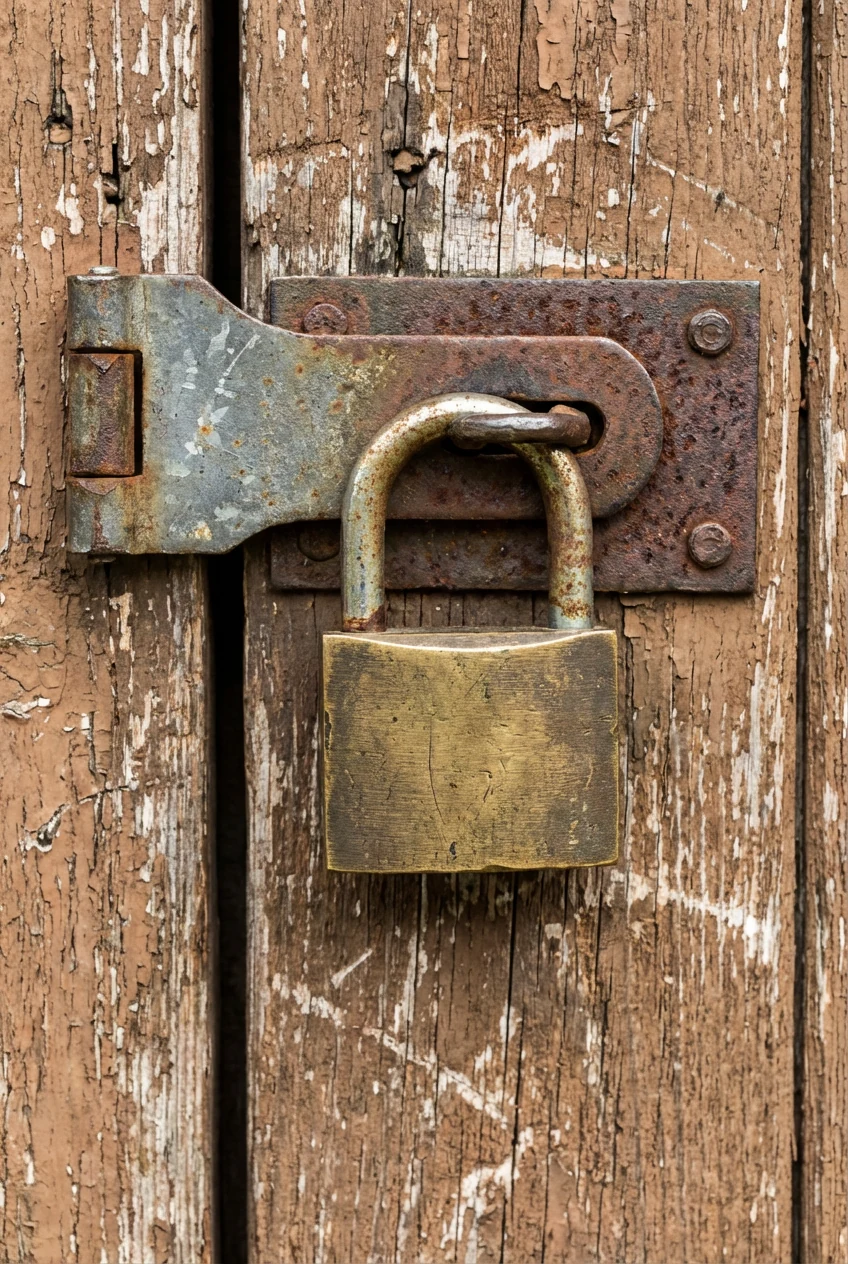 closeup hasp-and-padlock latch with guard plate, mounted high