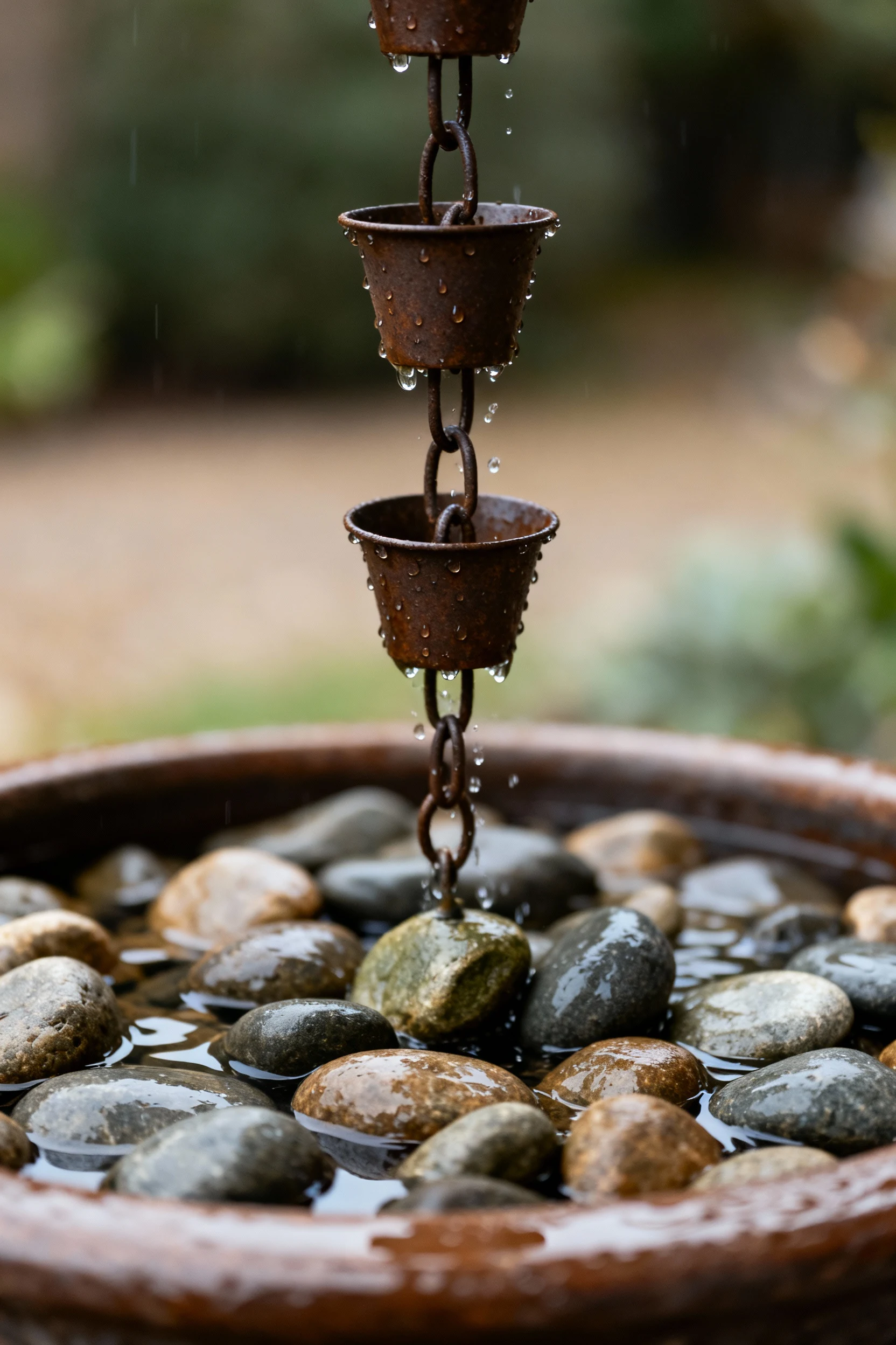 rain chain into river rock basin, downspout closeup