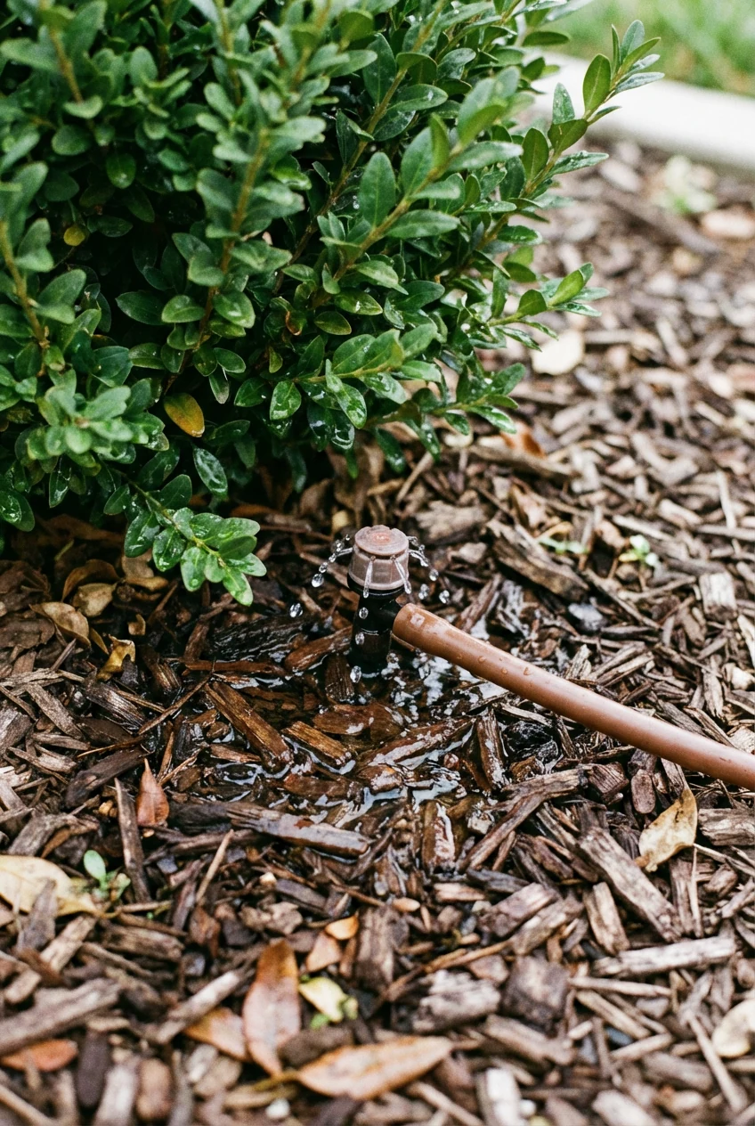closeup drip emitter watering mulched boxwood hedge base