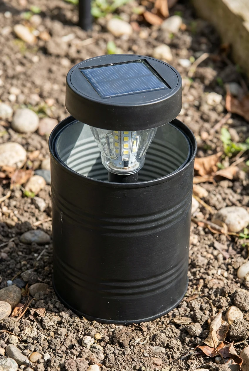 solar light stake head placed inside matte black painted tin can