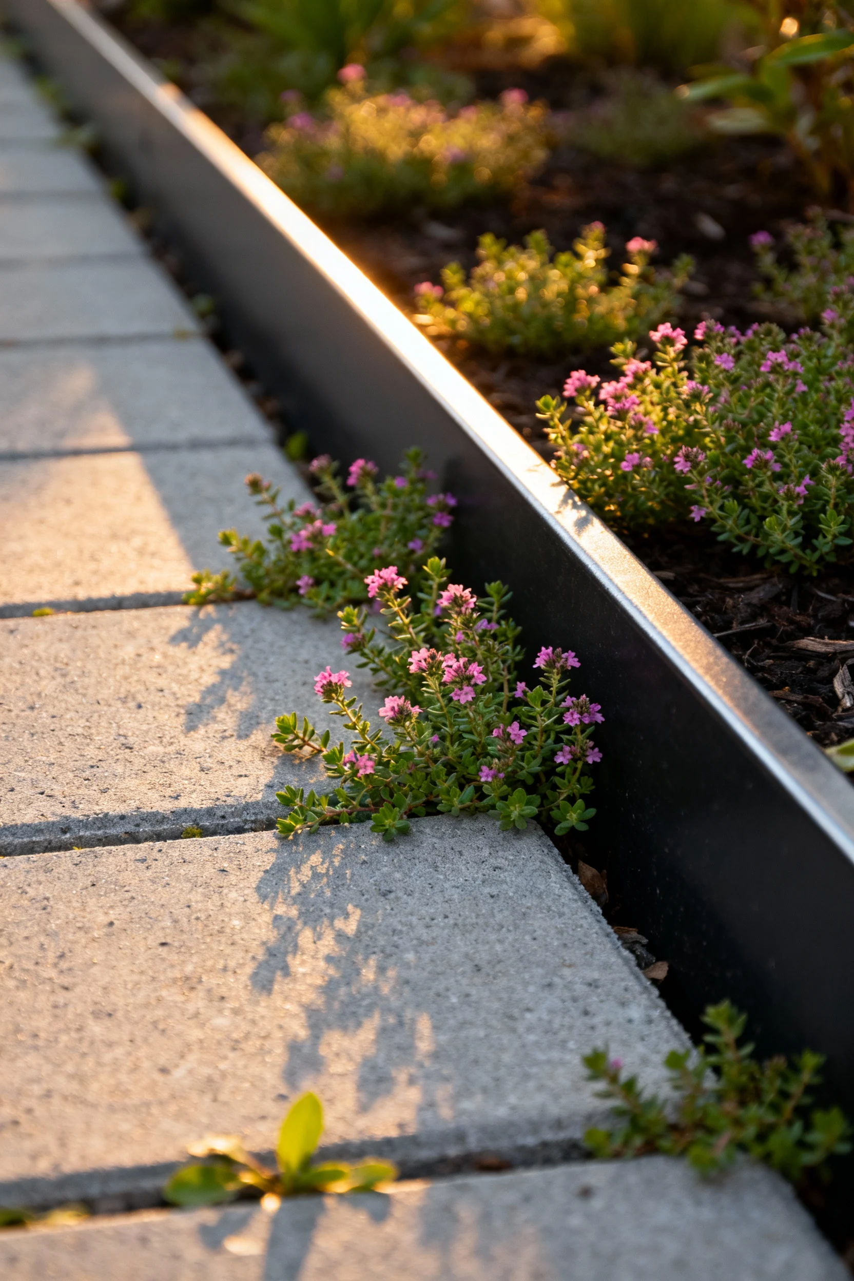 metal edging beside concrete paver walkway with creeping thyme