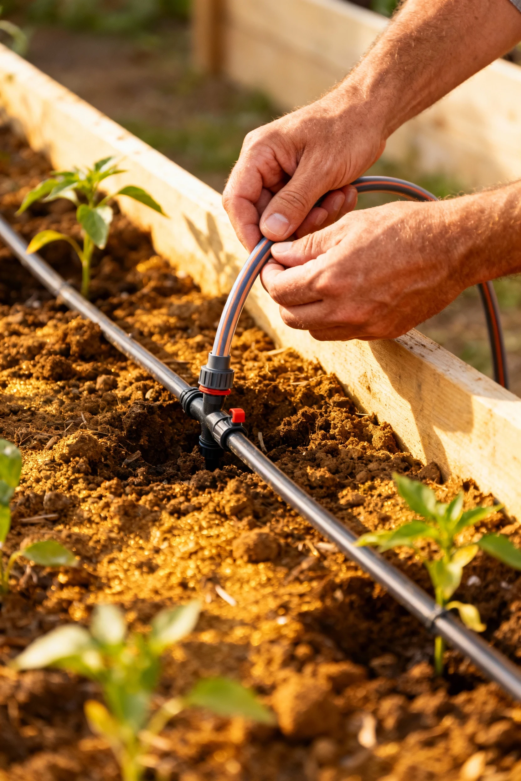 hands installing drip irrigation tubing in raised garden bed