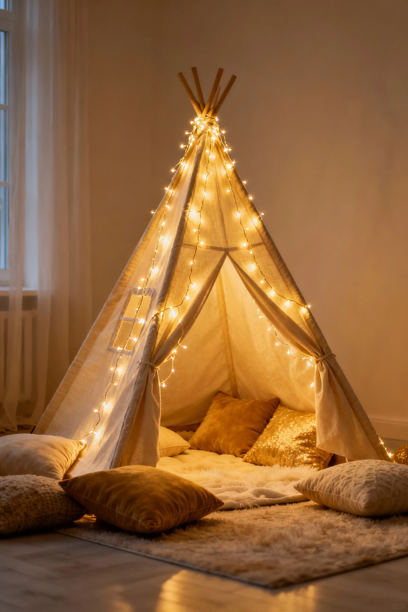 string of warm fairy lights draped inside fabric teepee with cushions