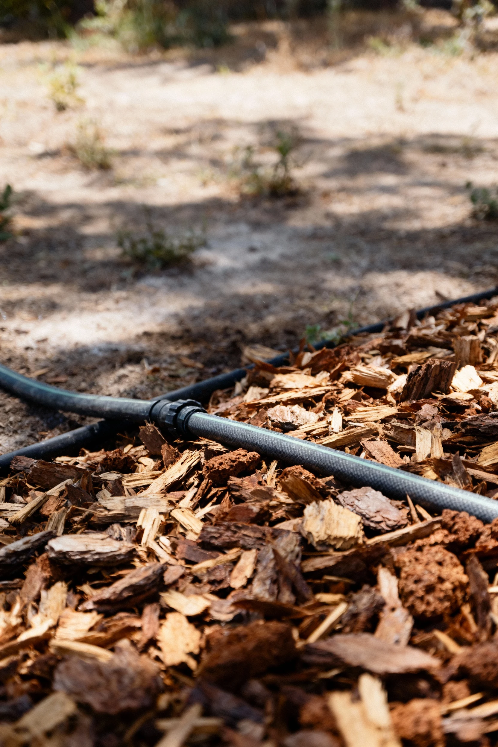 soaker hose under shredded bark mulch, dry shade