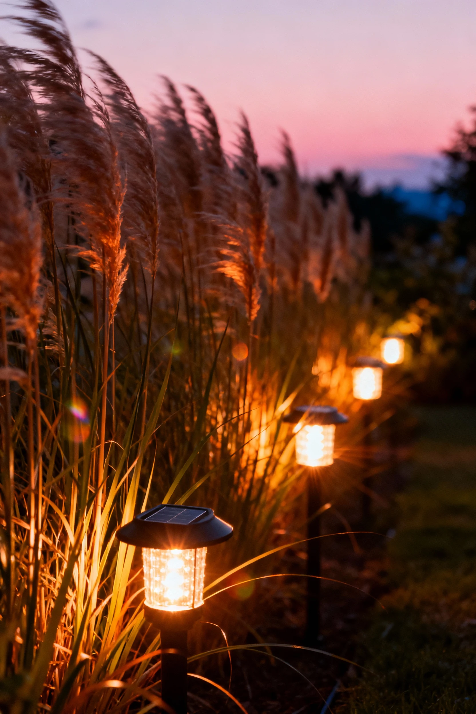 warm glow from staggered solar path lights illuminating ornamental grasses at dusk
