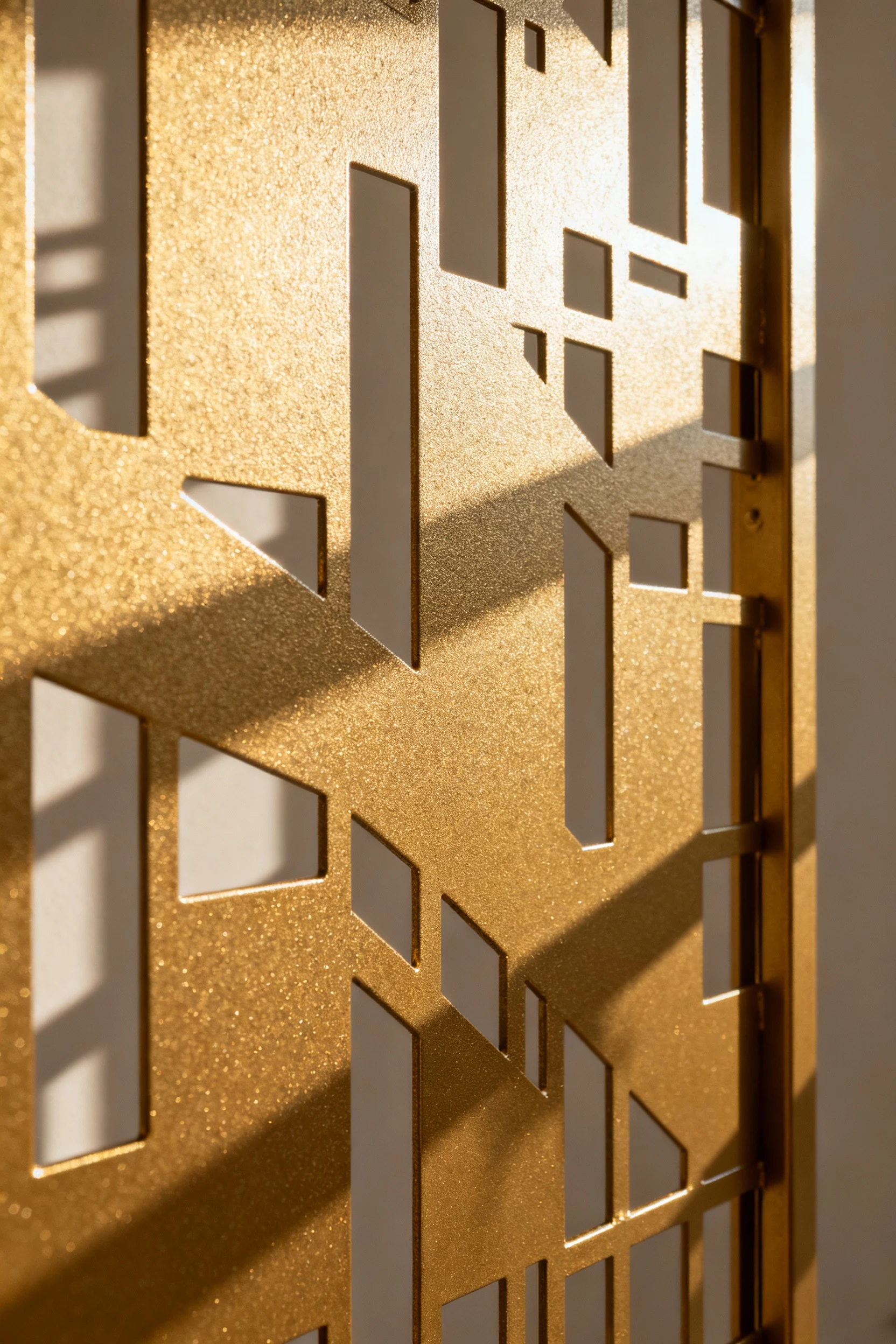 metal privacy screen with powder-coated texture in sunlight