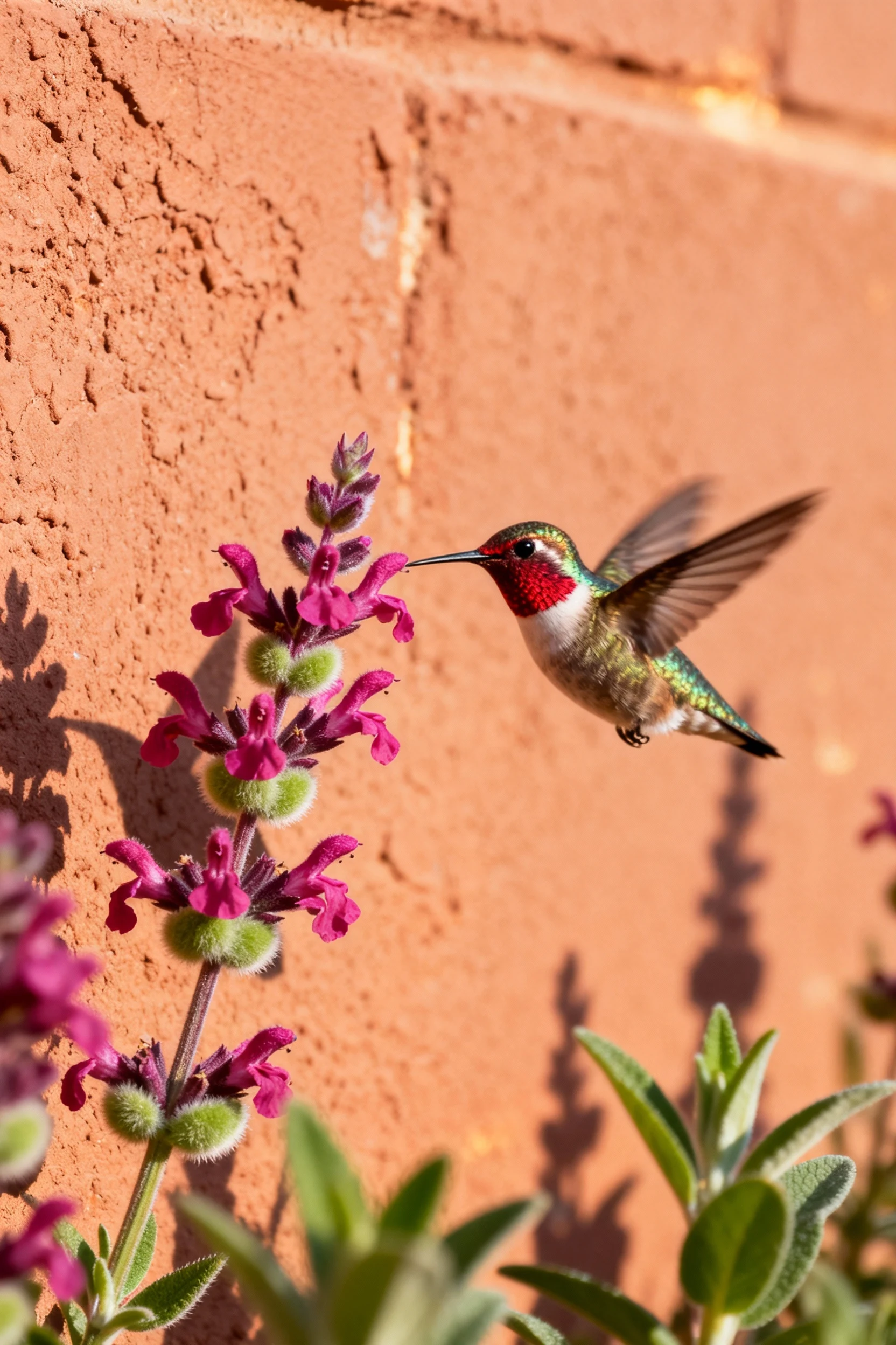 closeup Salvia greggii blooms with hovering hummingbird, hot stucco