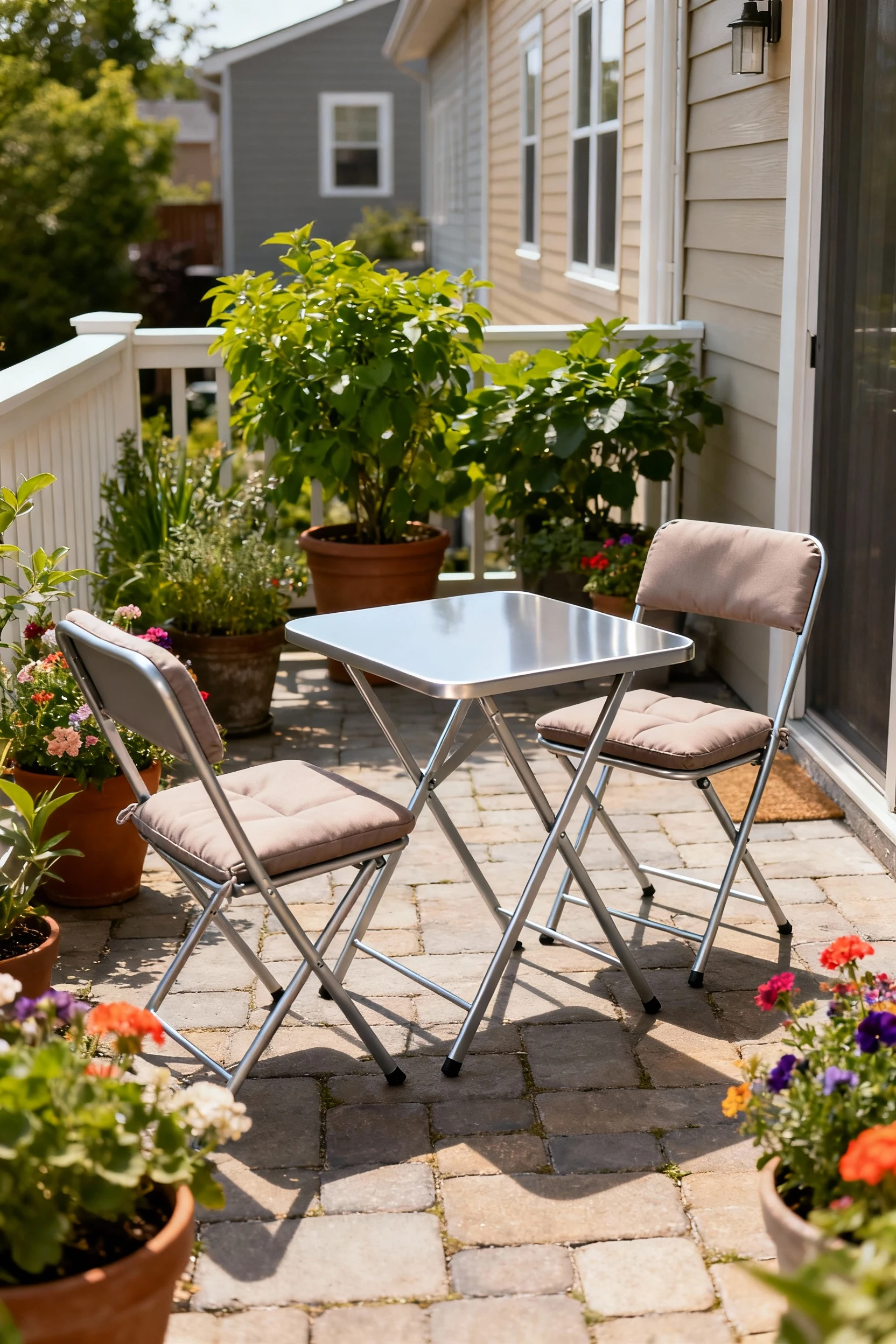 compact aluminum folding bistro table with two cushioned chairs on small townhouse patio