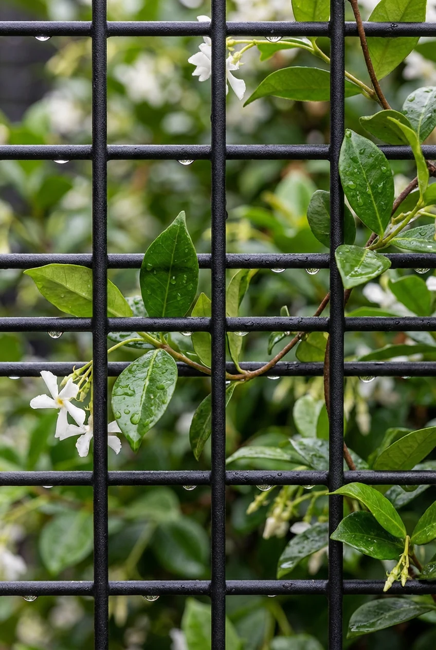 macro black powder-coated grid with star jasmine leaves
