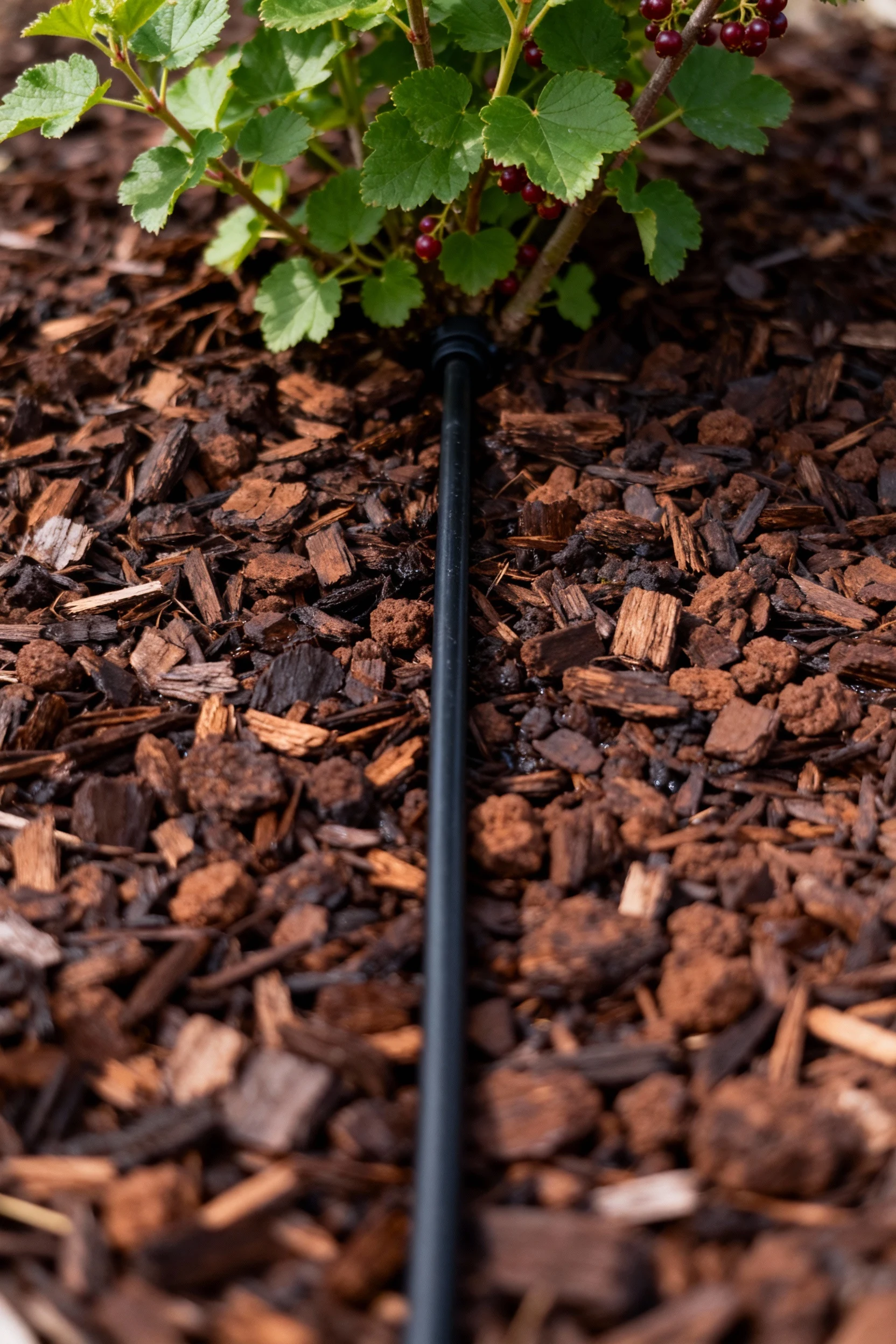 closeup black drip line on brown mulch beneath viburnum