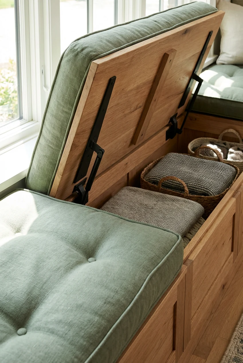 closeup lift-up bench storage with sage cushions, black hinges