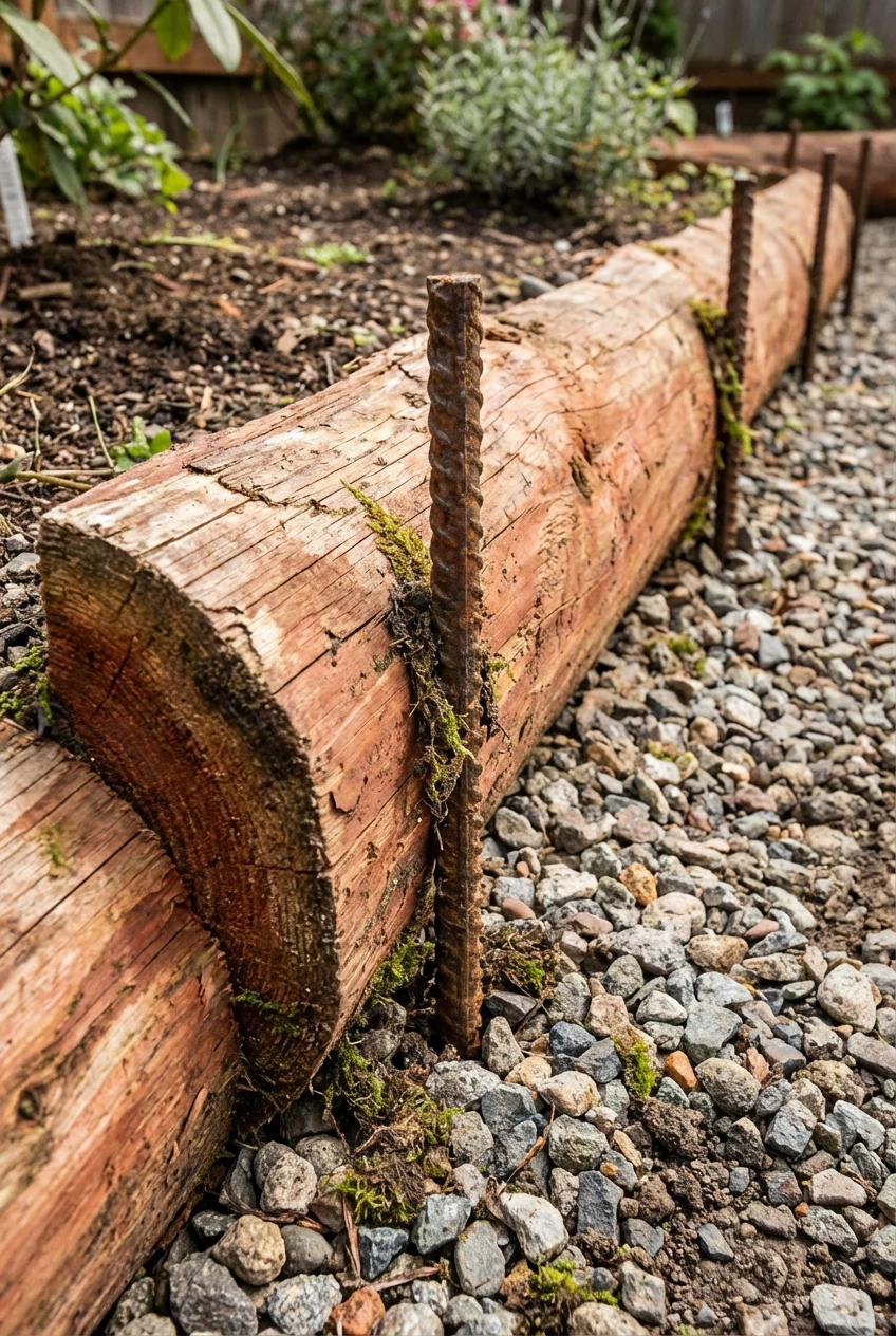 closeup cedar half-log border staked with rebar over drainage gravel