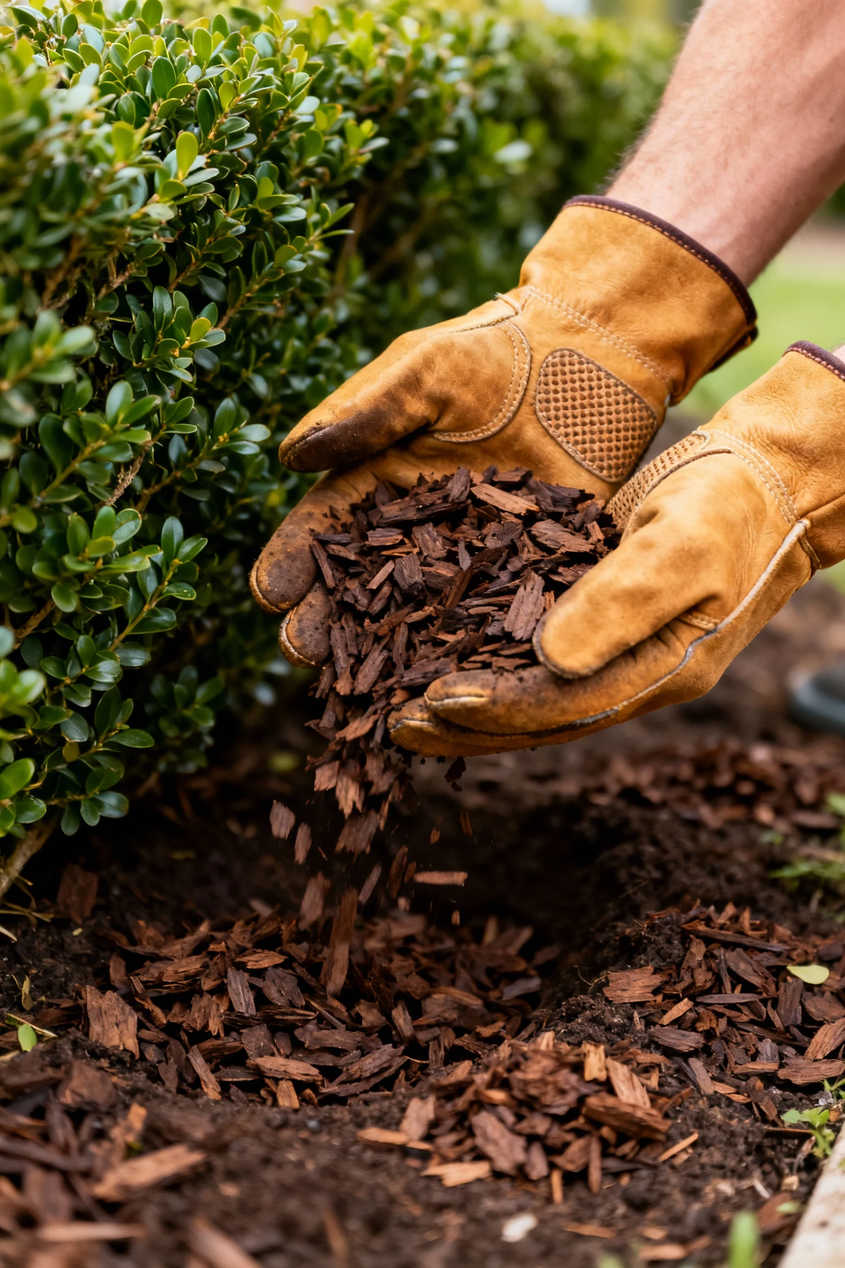 hands wearing gardening gloves applying mulch around boxwood hedge