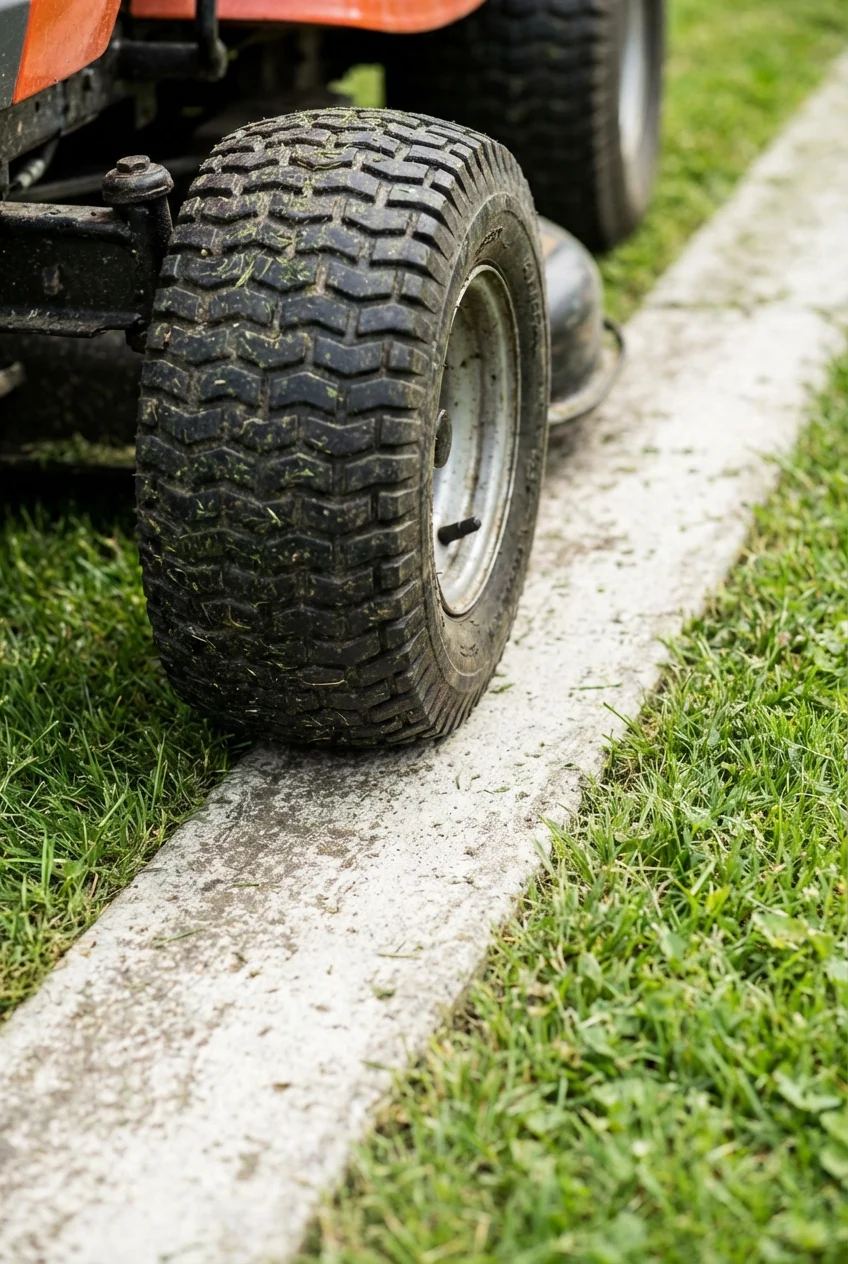 2. mower wheel riding light gray concrete mowing strip, closeup