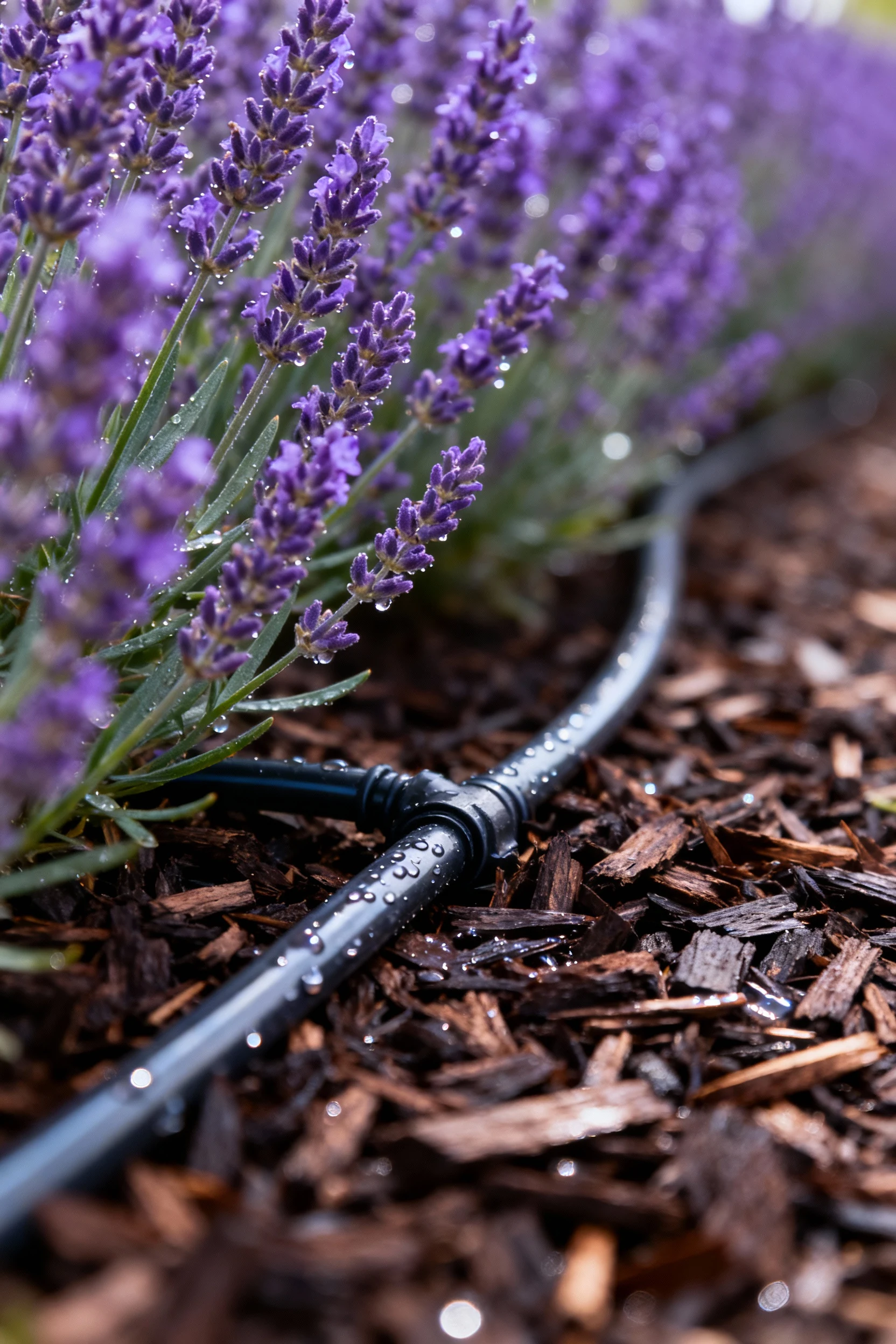 closeup drip line under mulch around lavender hedge