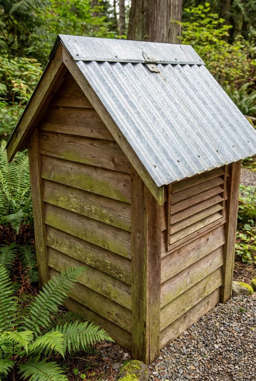 closeup cedar mini well house, hinged metal roof, louvered vent