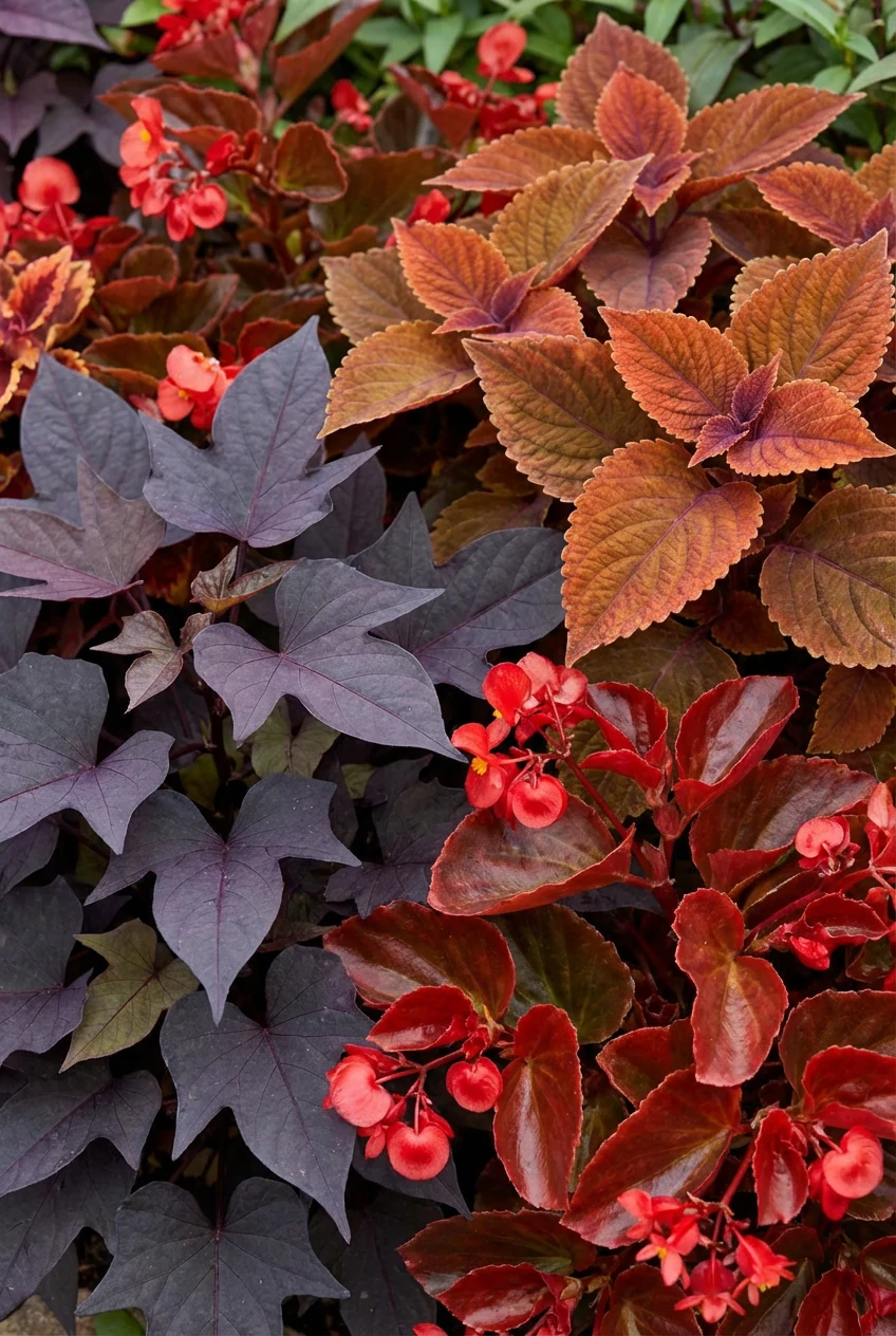 closeup purple sweet potato leaves, bronze coleus, red begonia