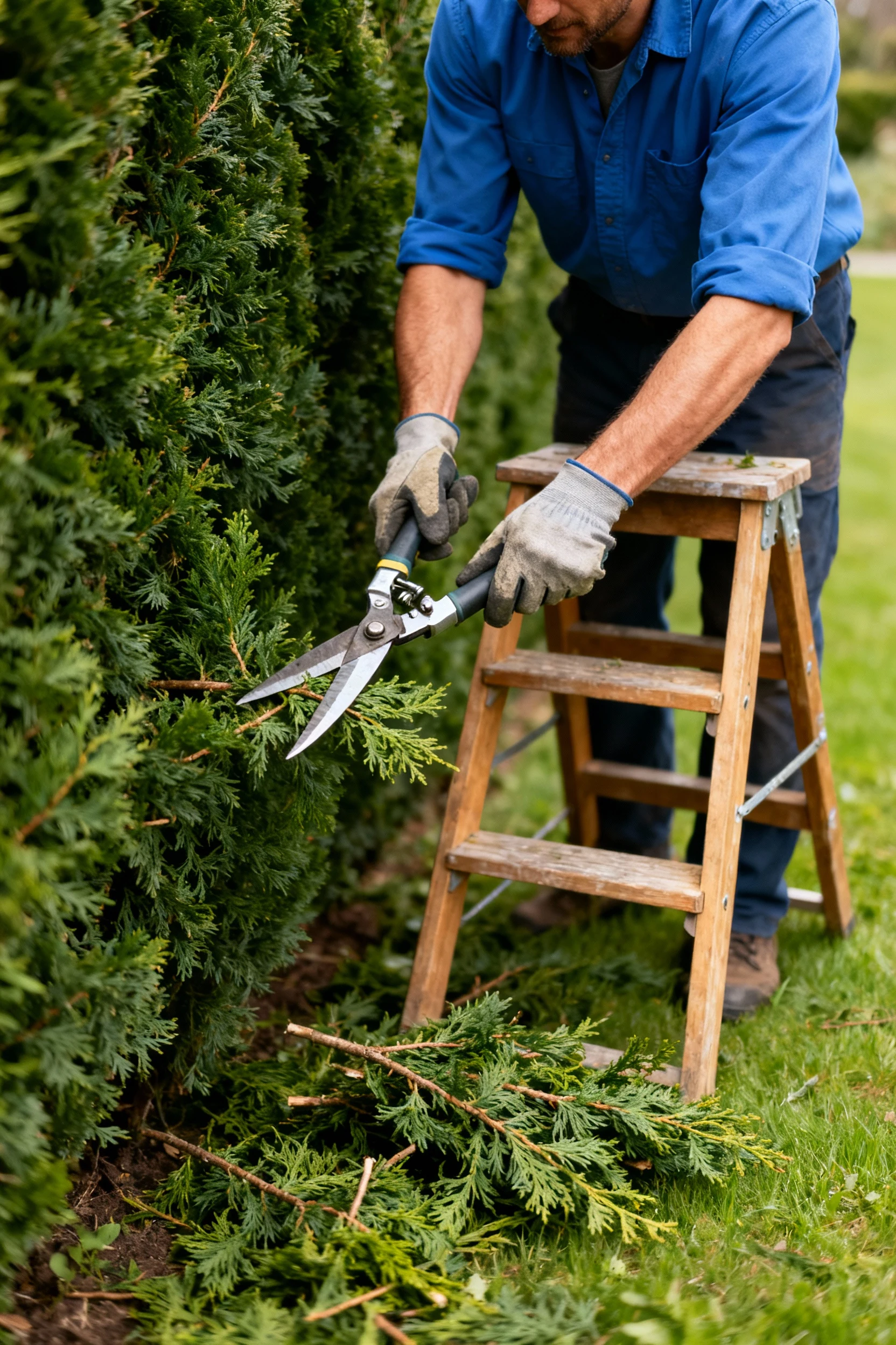 male gardener trimming tall Thuja Green Giant hedge with sharp shears