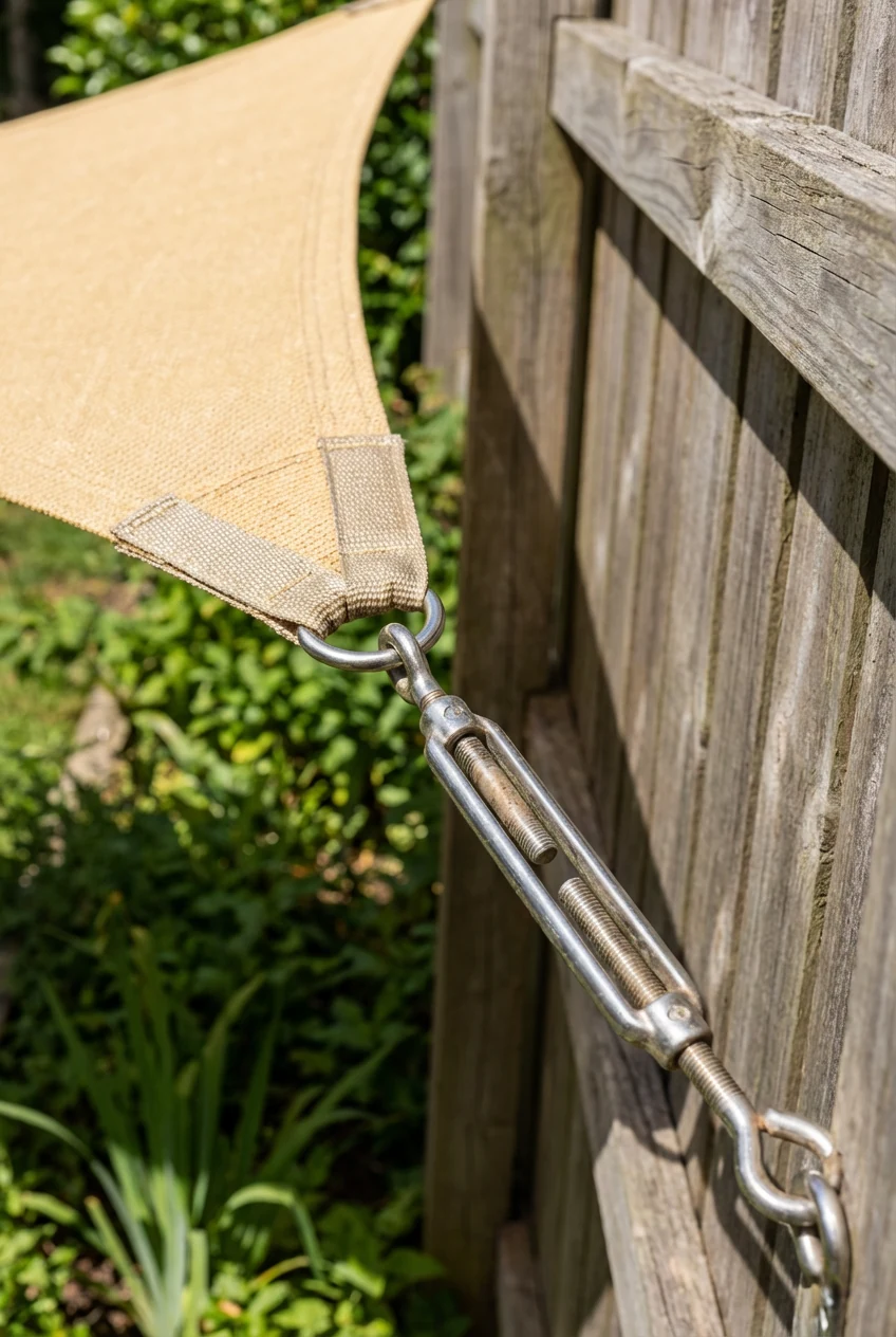 detail of triangular shade sail stainless turnbuckle on fence