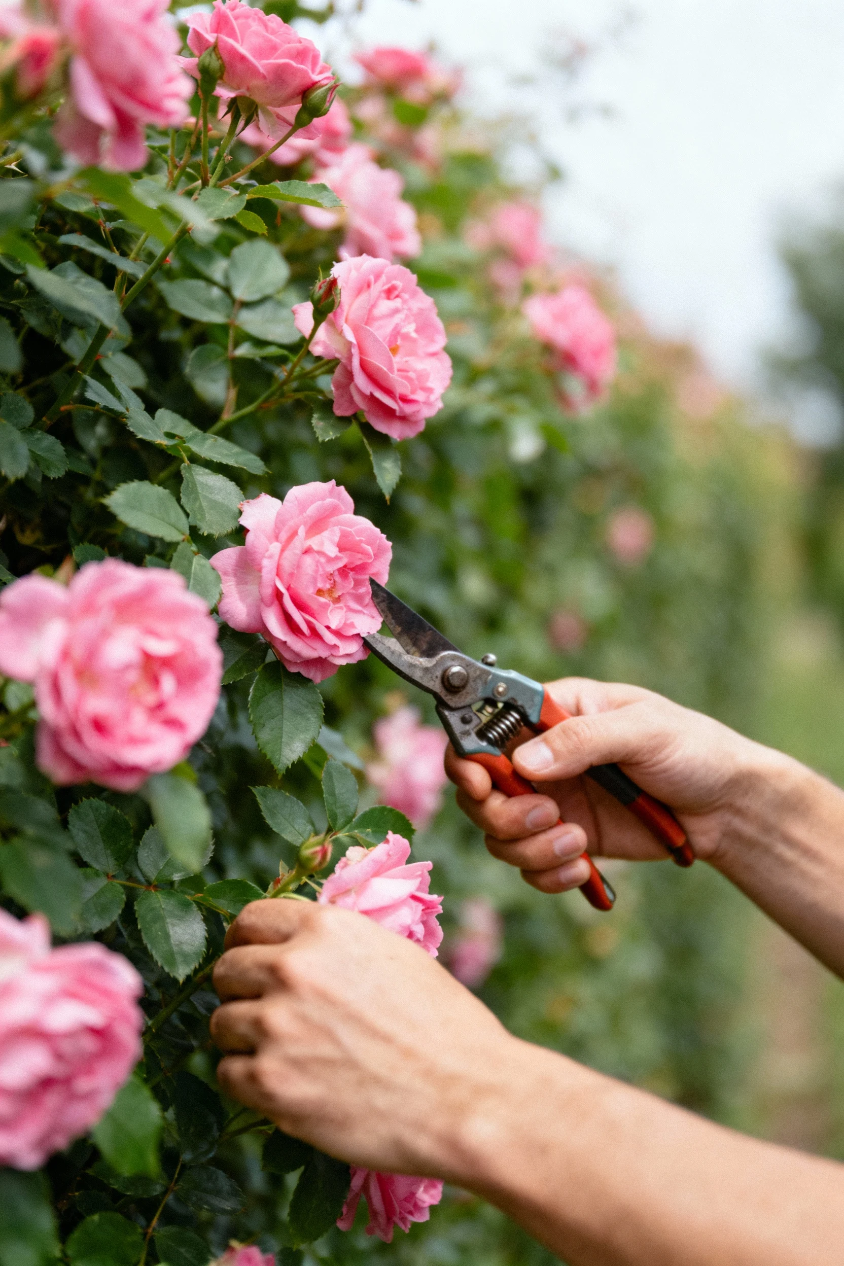 hands pruning pink rose hedge with garden shears