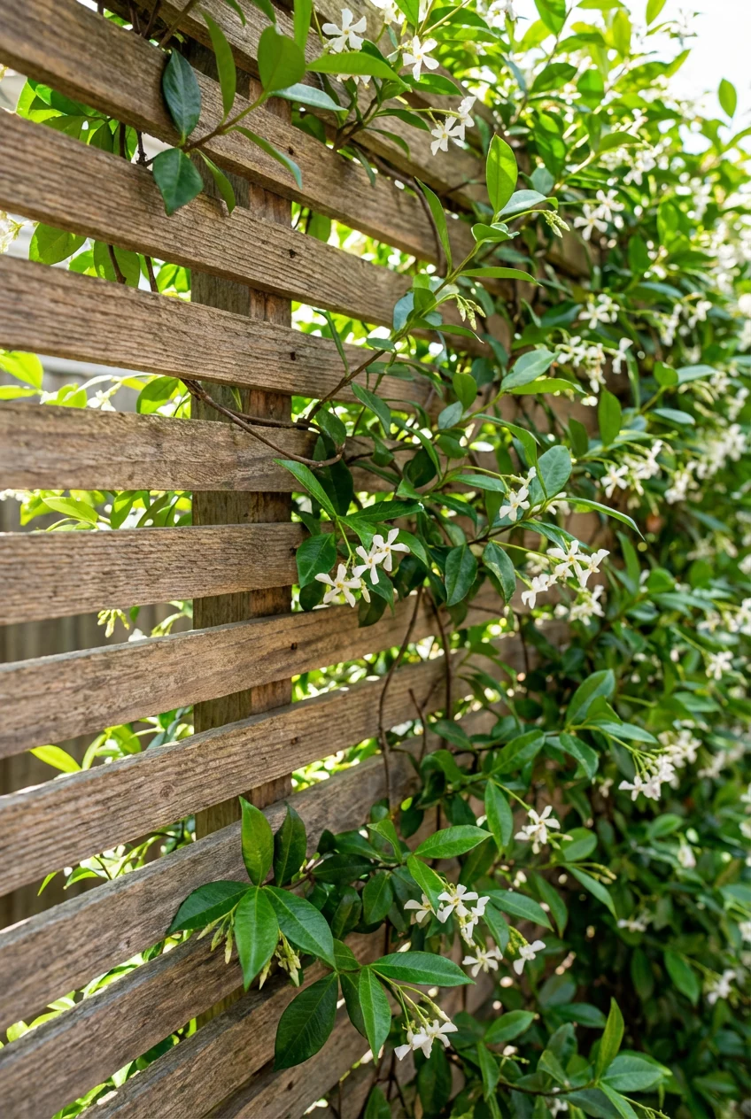 horizontal cedar slat screen with star jasmine vines, closeup