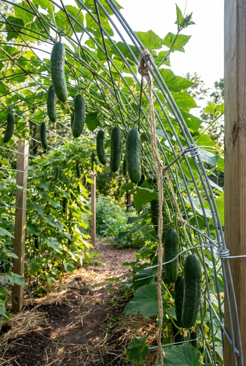 low-angle cattle panel arch, hanging cucumbers, galvanized ties